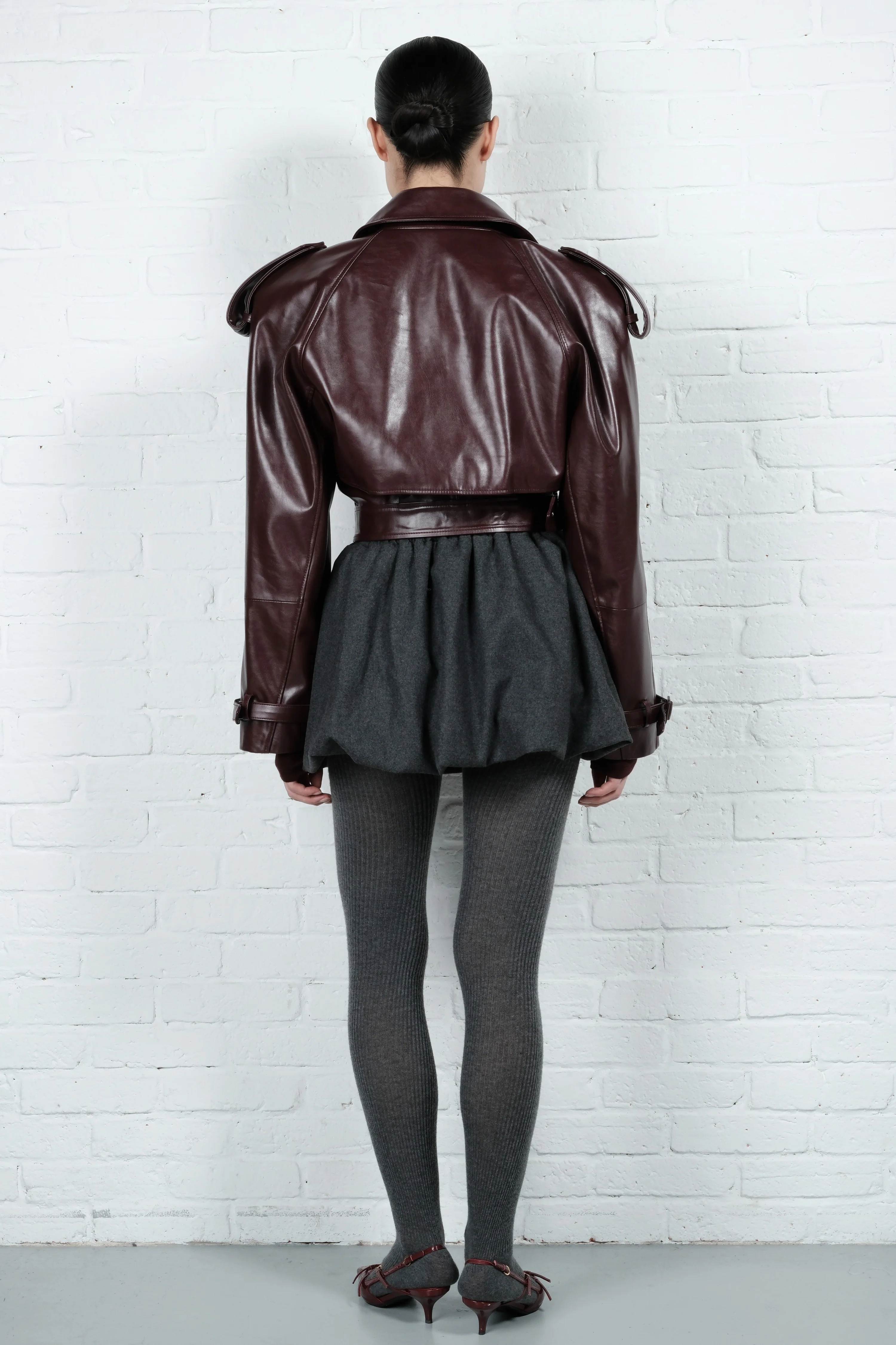 Cropped Trench Leather Jacket - Burgundy - Image 3