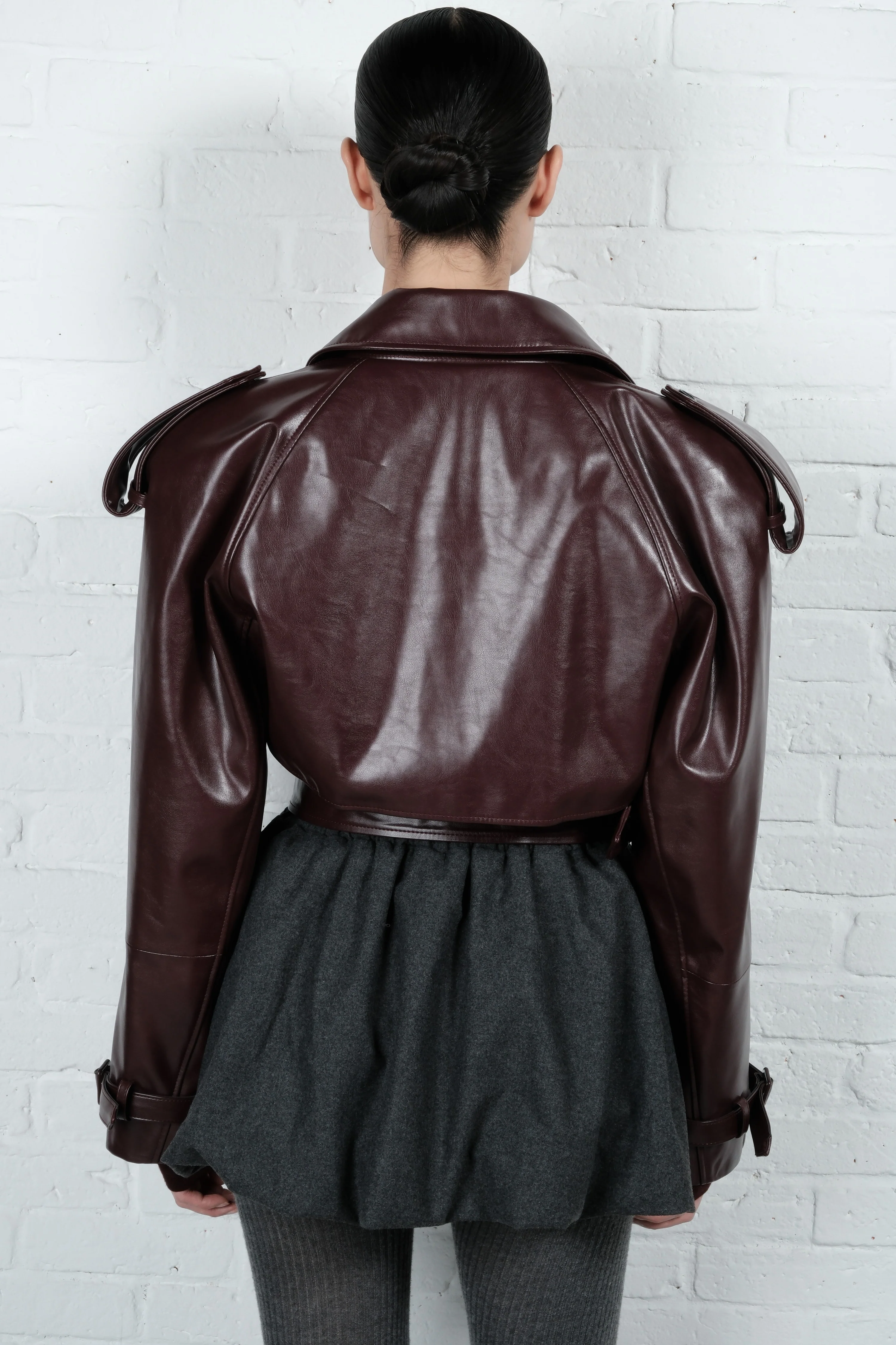 Cropped Trench Leather Jacket - Burgundy - Image 4