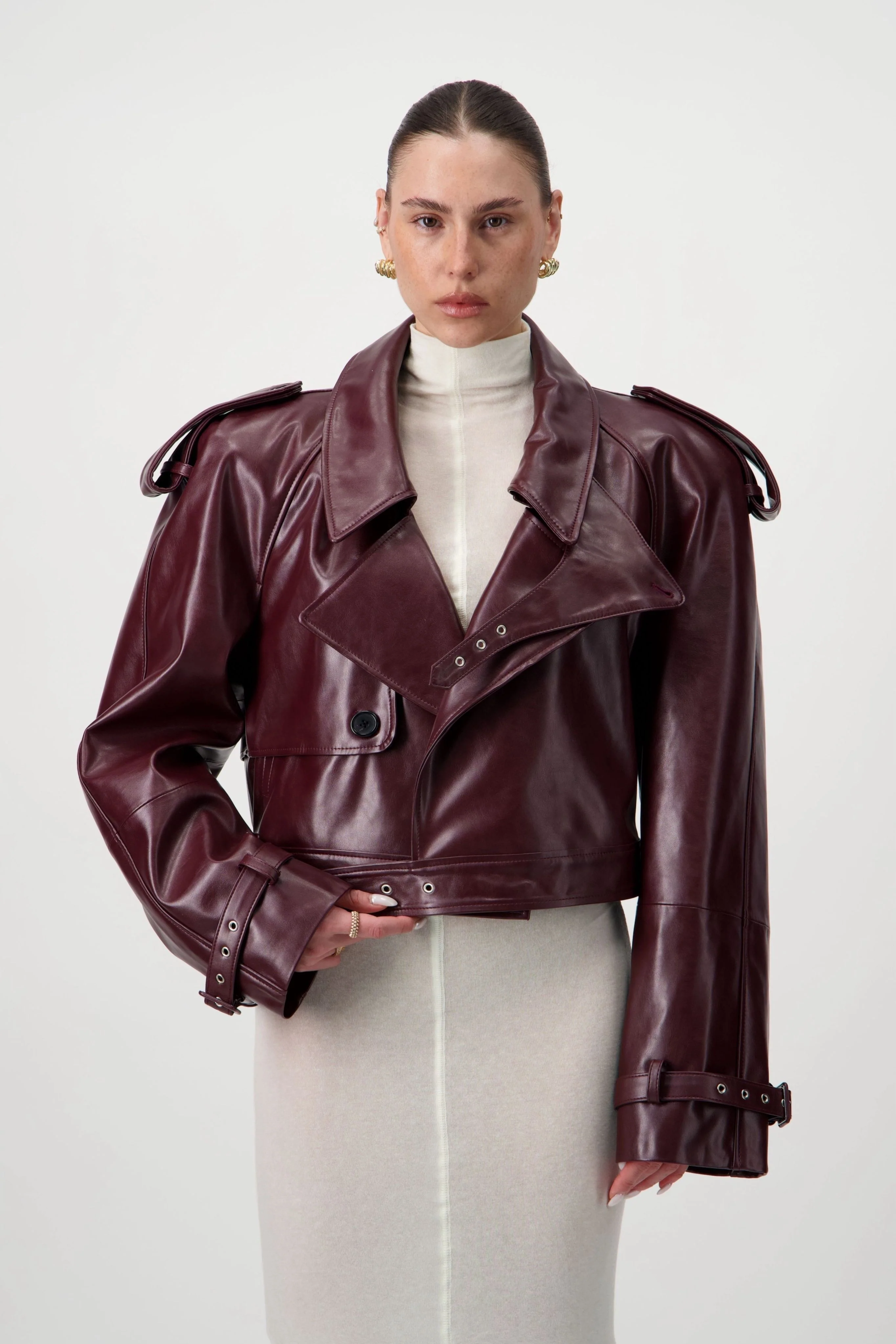 Cropped Trench Leather Jacket - Burgundy - Image 7