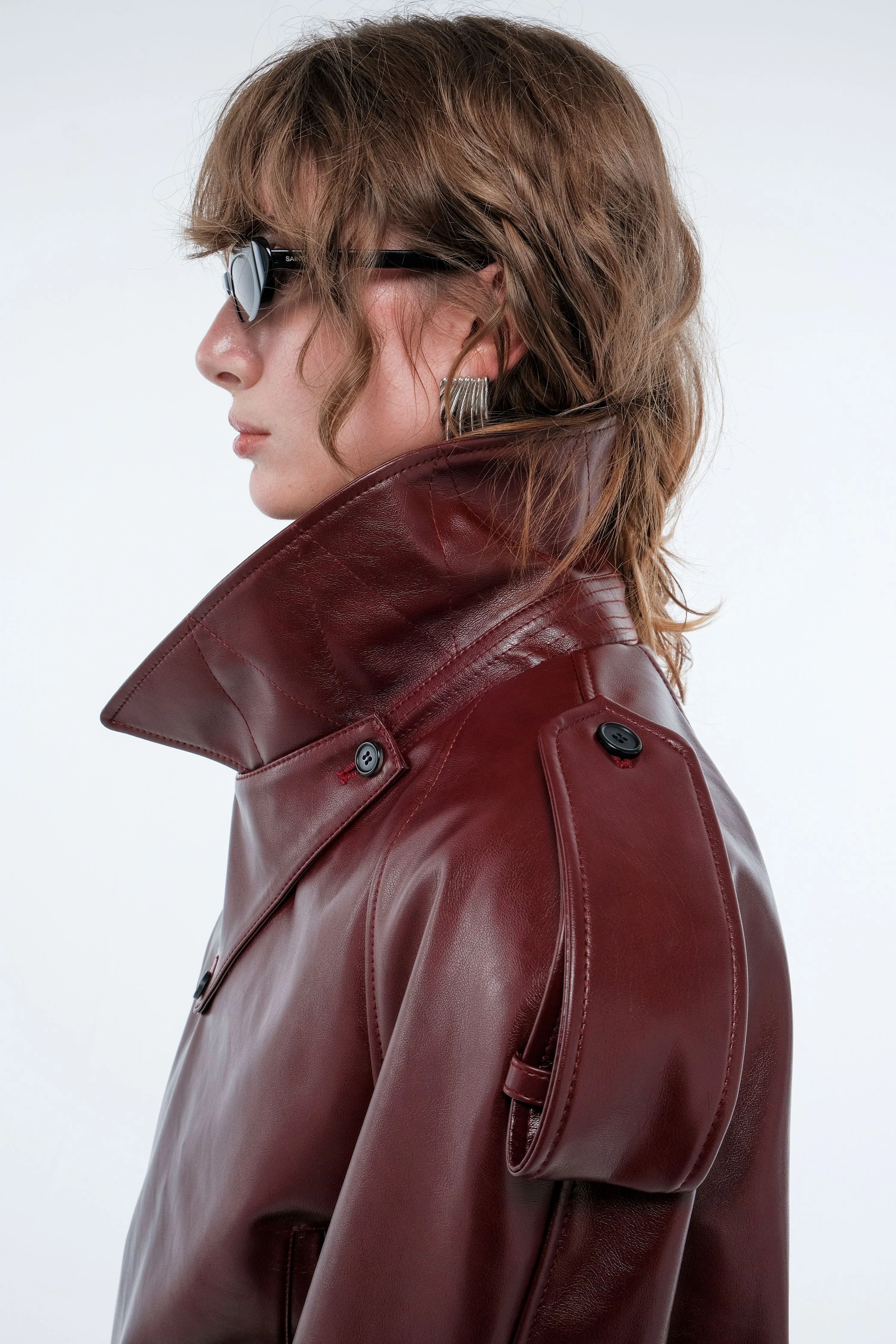 Cropped Trench Leather Jacket - Burgundy - Image 8
