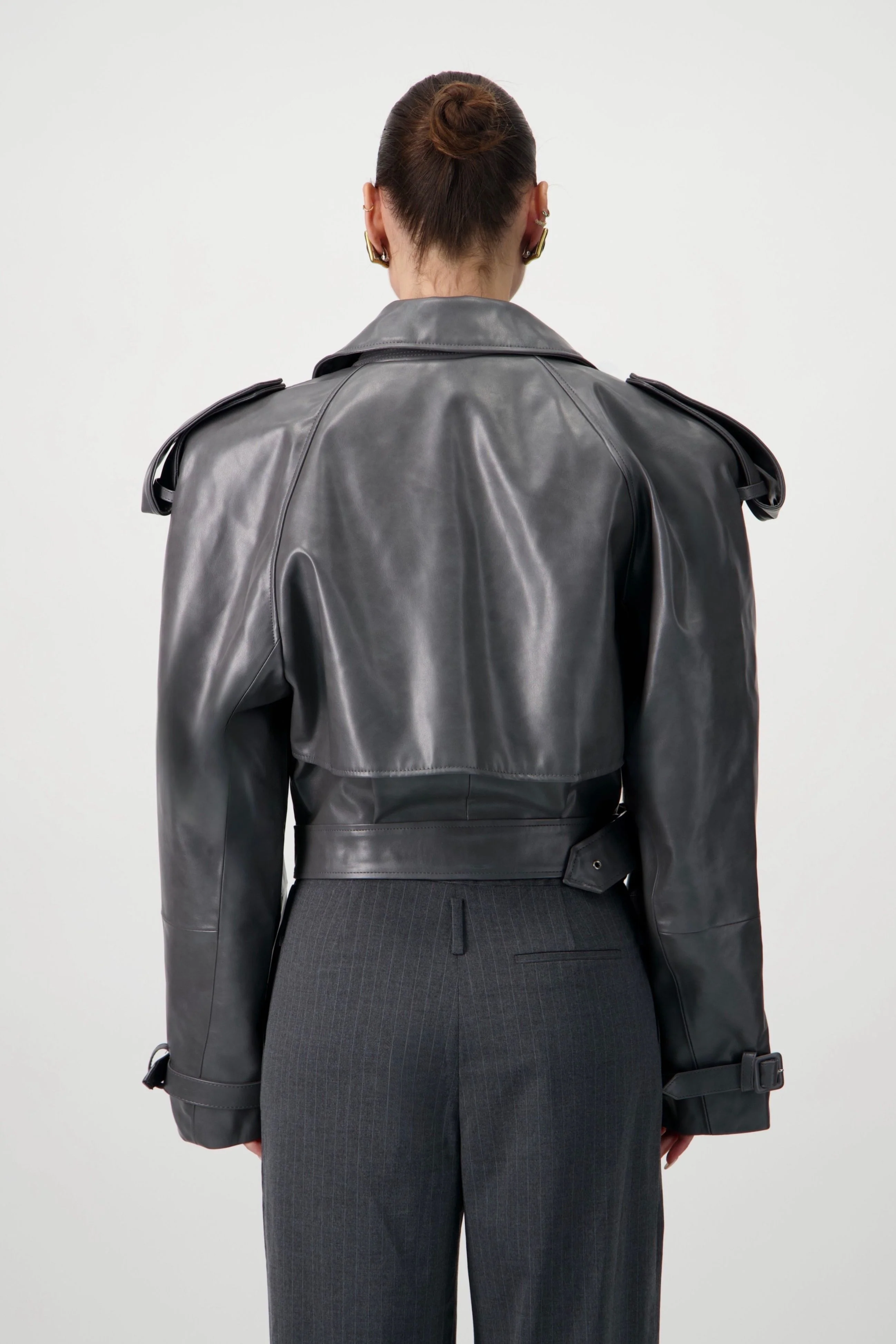 Cropped Trench Leather Jacket - Grey - Image 10
