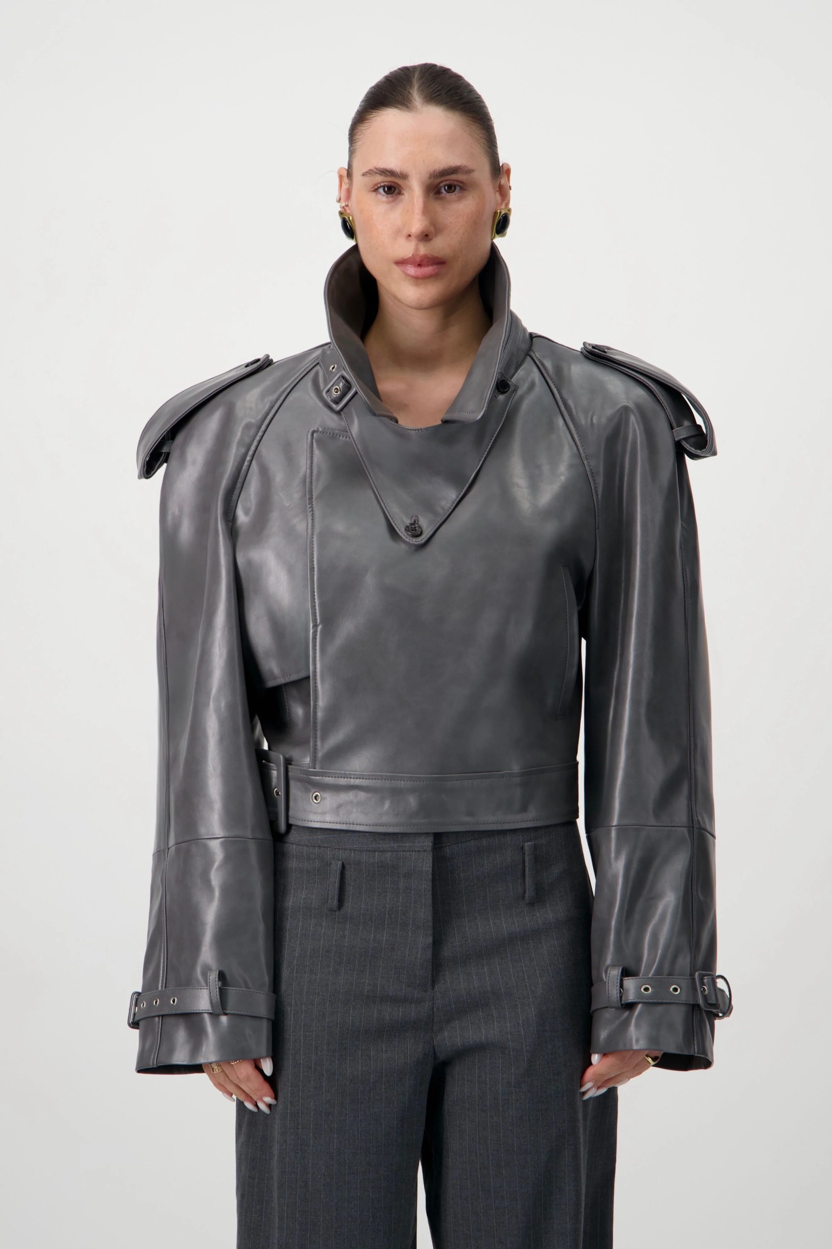 Cropped Trench Leather Jacket - Grey - Image 11
