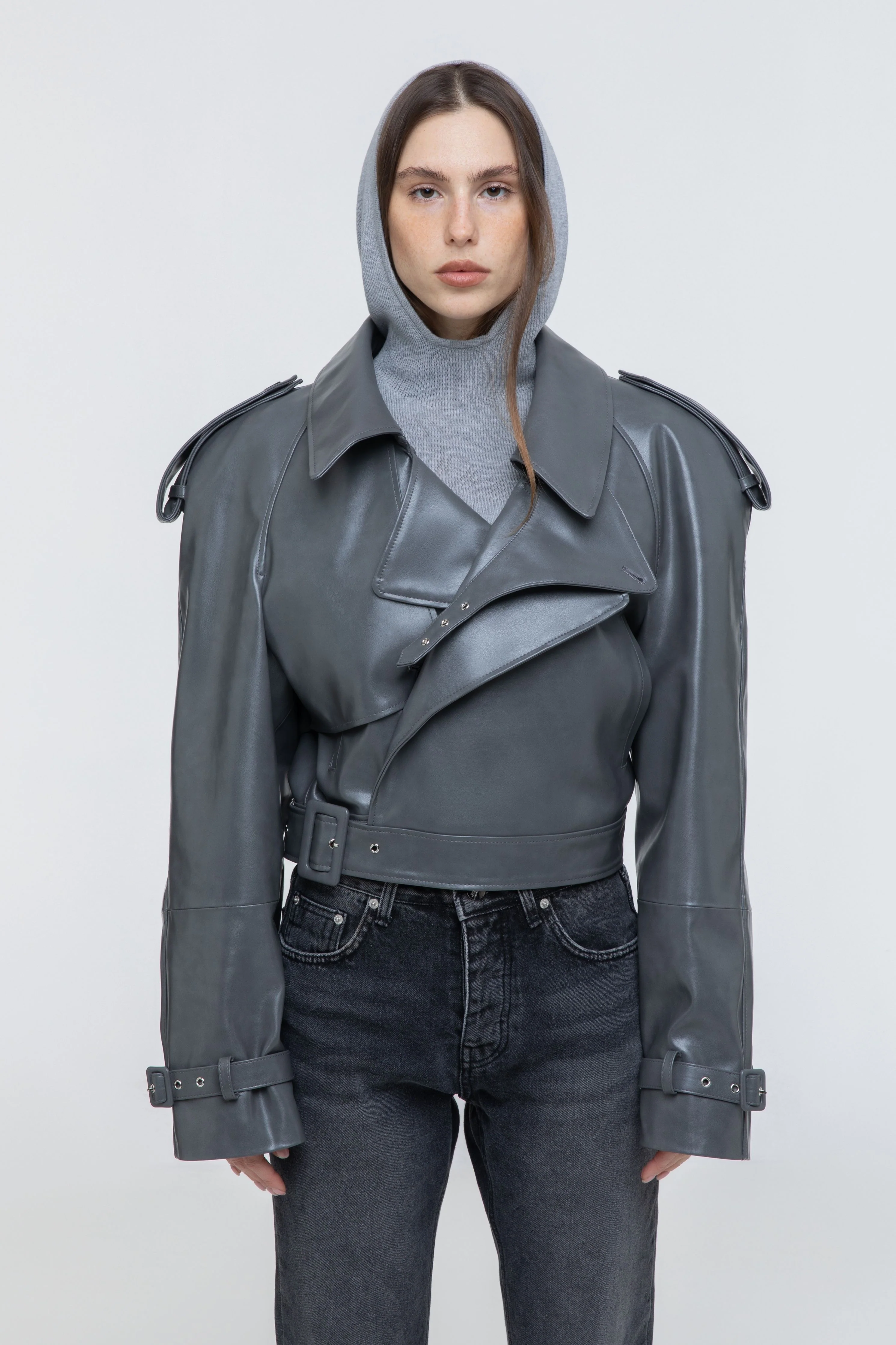 Cropped Trench Leather Jacket - Grey - Image 14