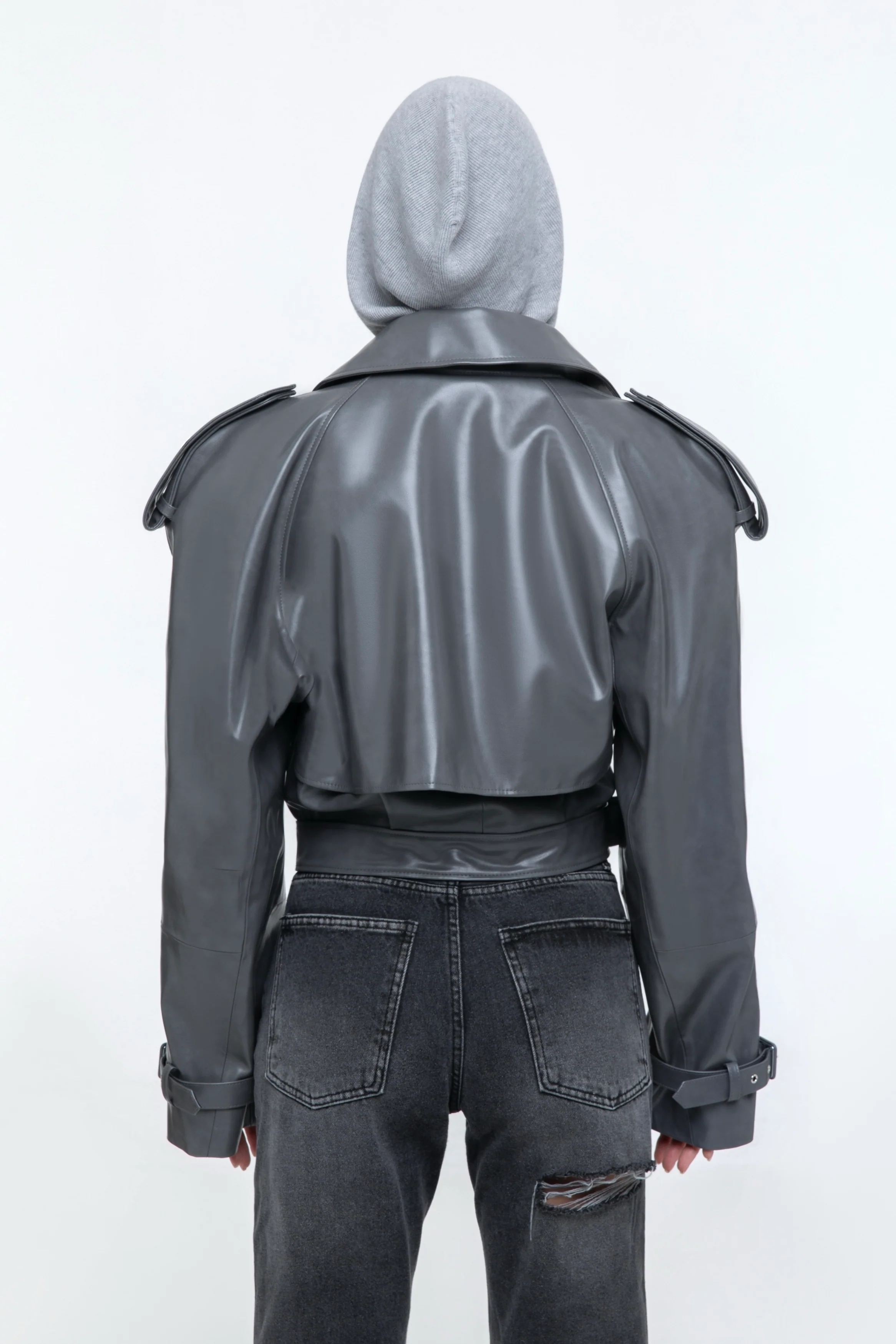 Cropped Trench Leather Jacket - Grey - Image 15