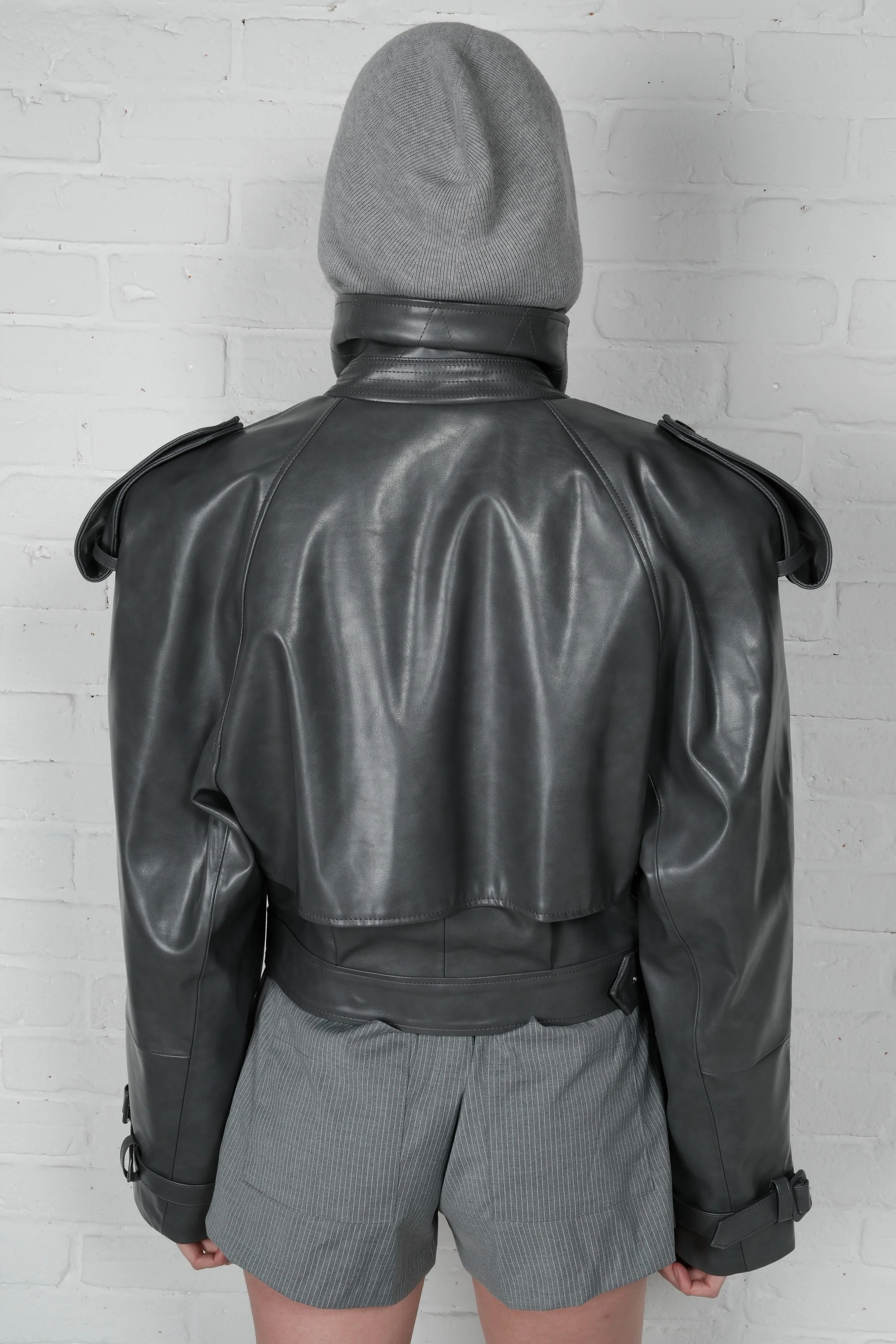 Cropped Trench Leather Jacket - Grey - Image 3