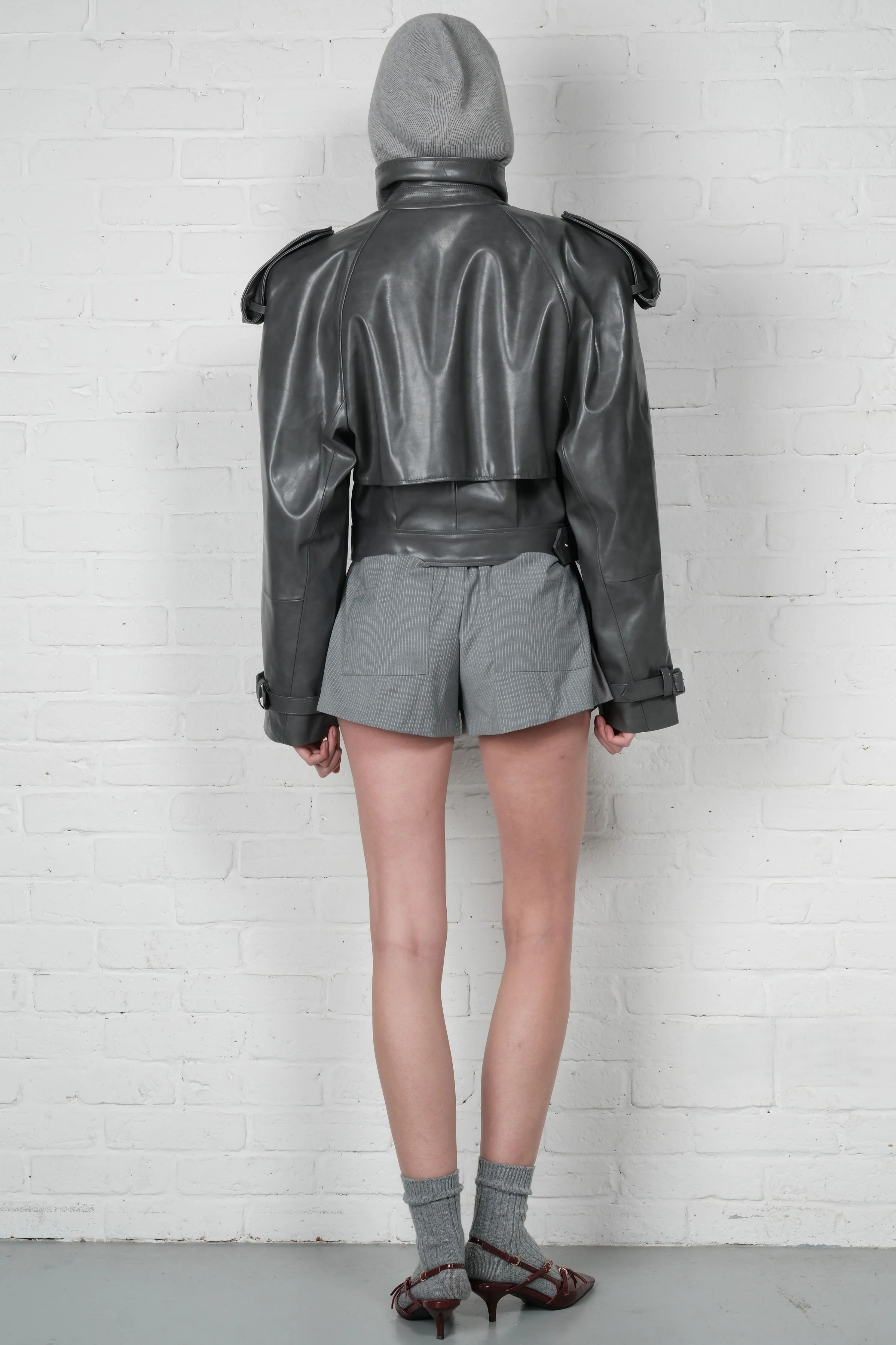 Cropped Trench Leather Jacket - Grey - Image 4