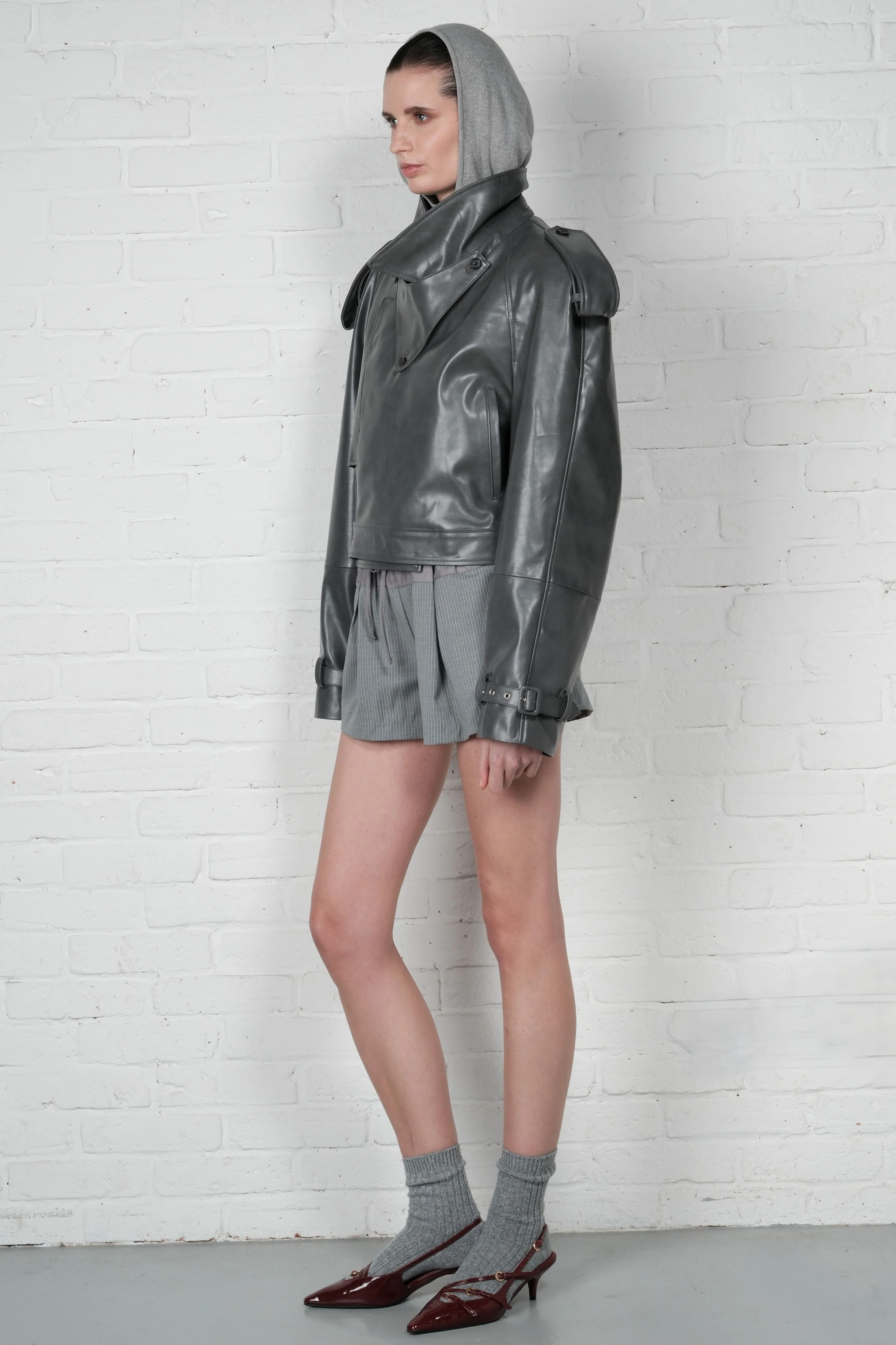 Cropped Trench Leather Jacket - Grey - Image 5