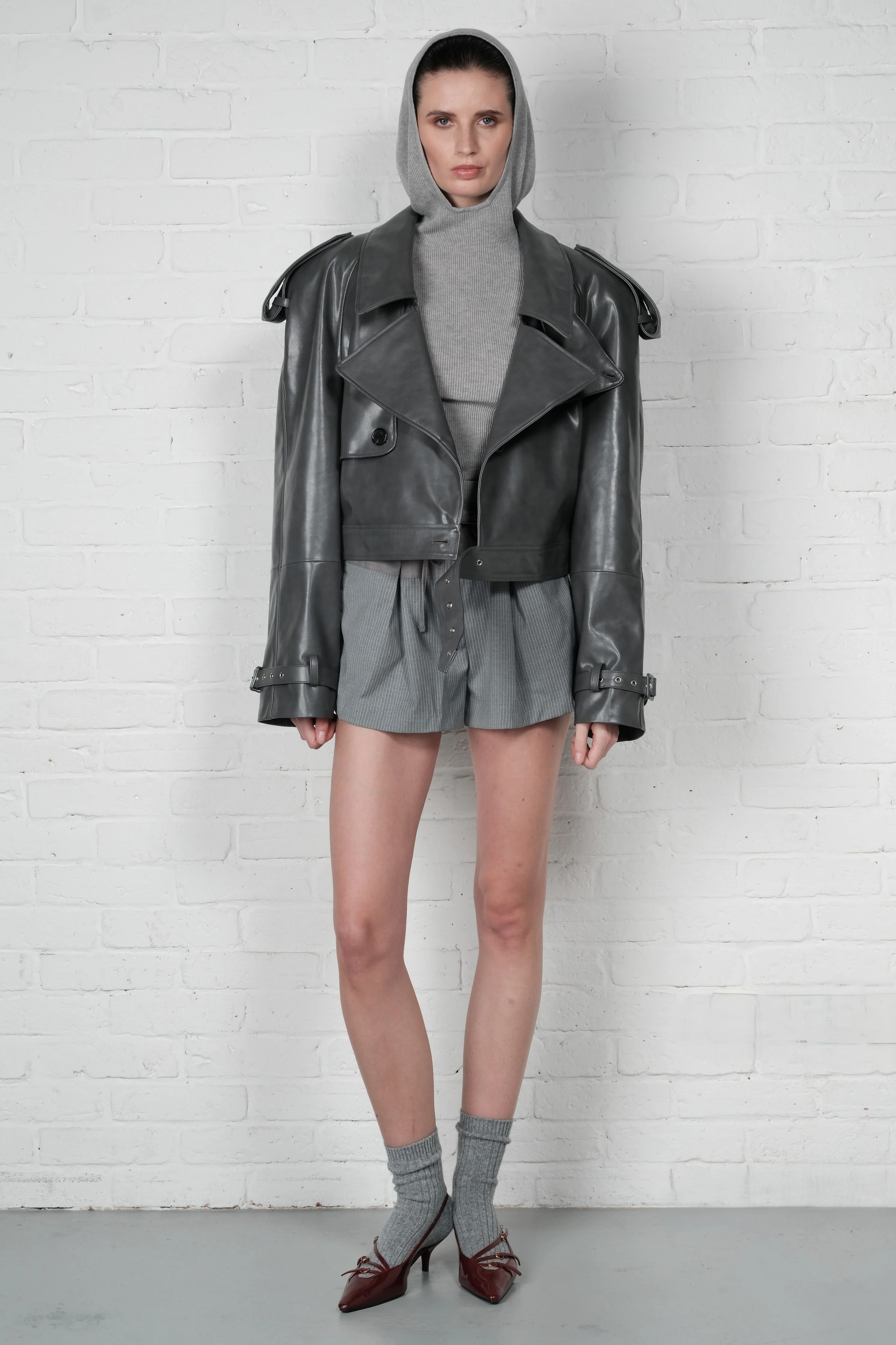 Cropped Trench Leather Jacket - Grey - Image 6