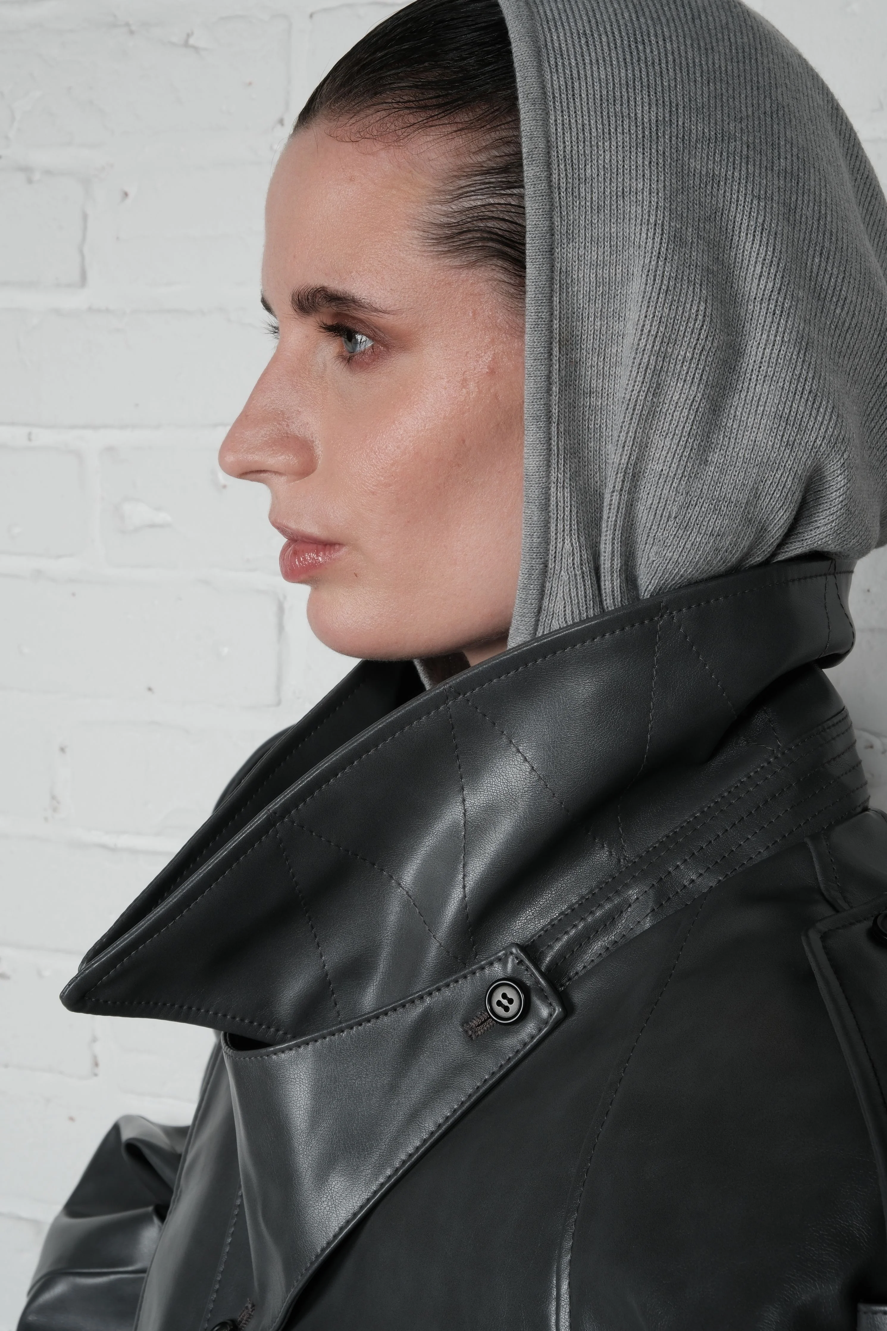 Cropped Trench Leather Jacket - Grey - Image 8