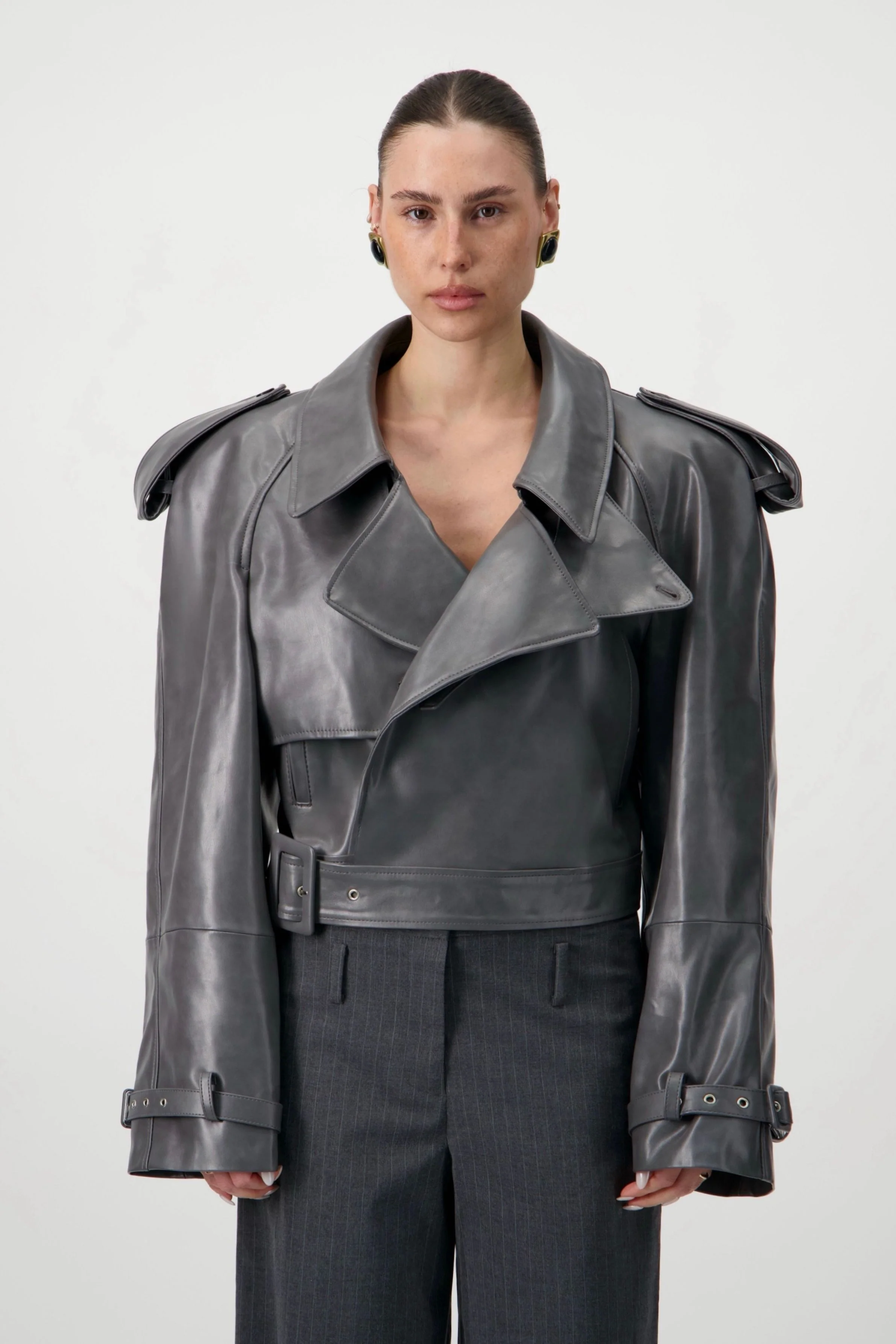 Cropped Trench Leather Jacket - Grey - Image 9