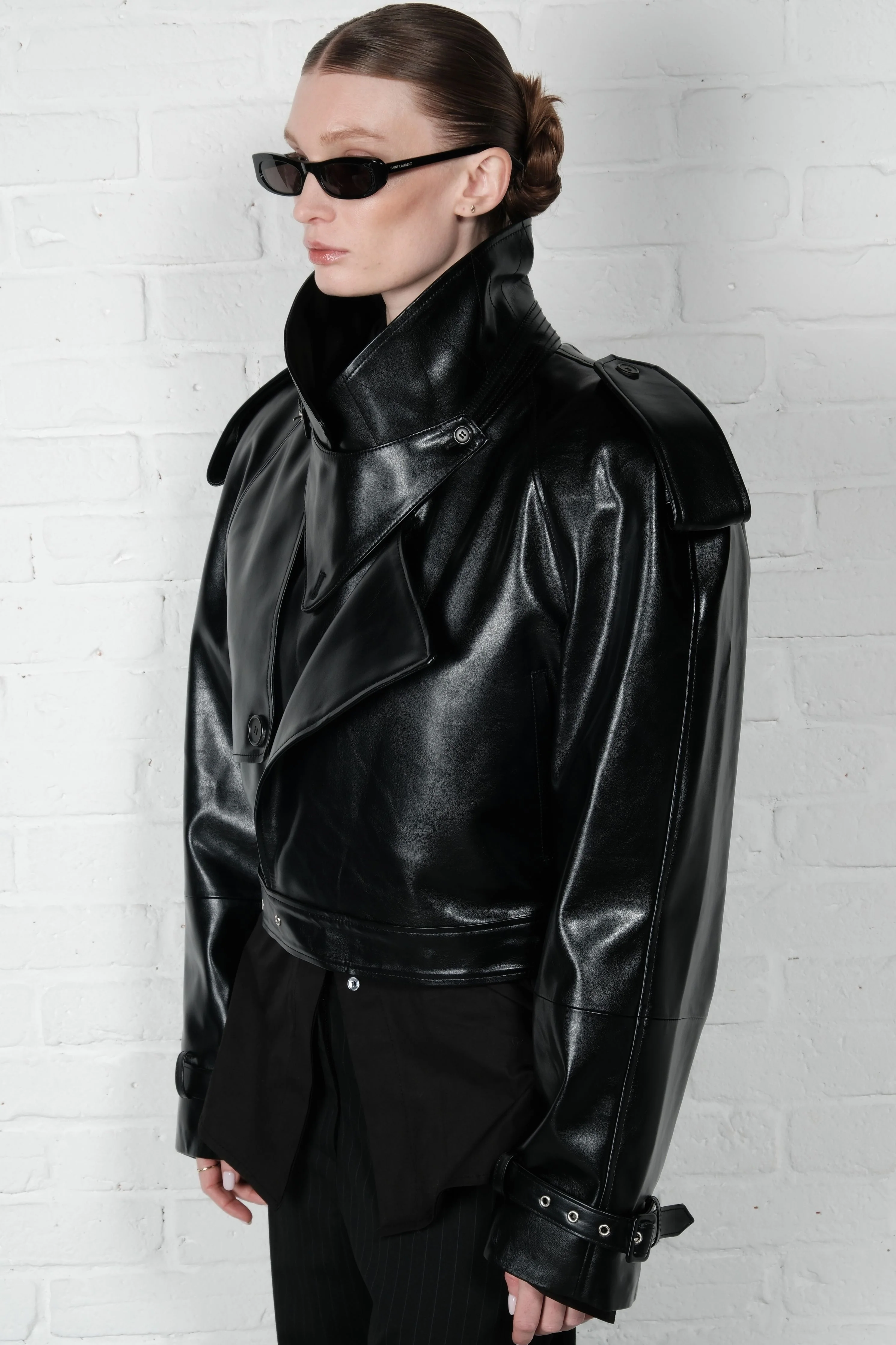 Cropped Trench Leather Jacket - Black - Image 3
