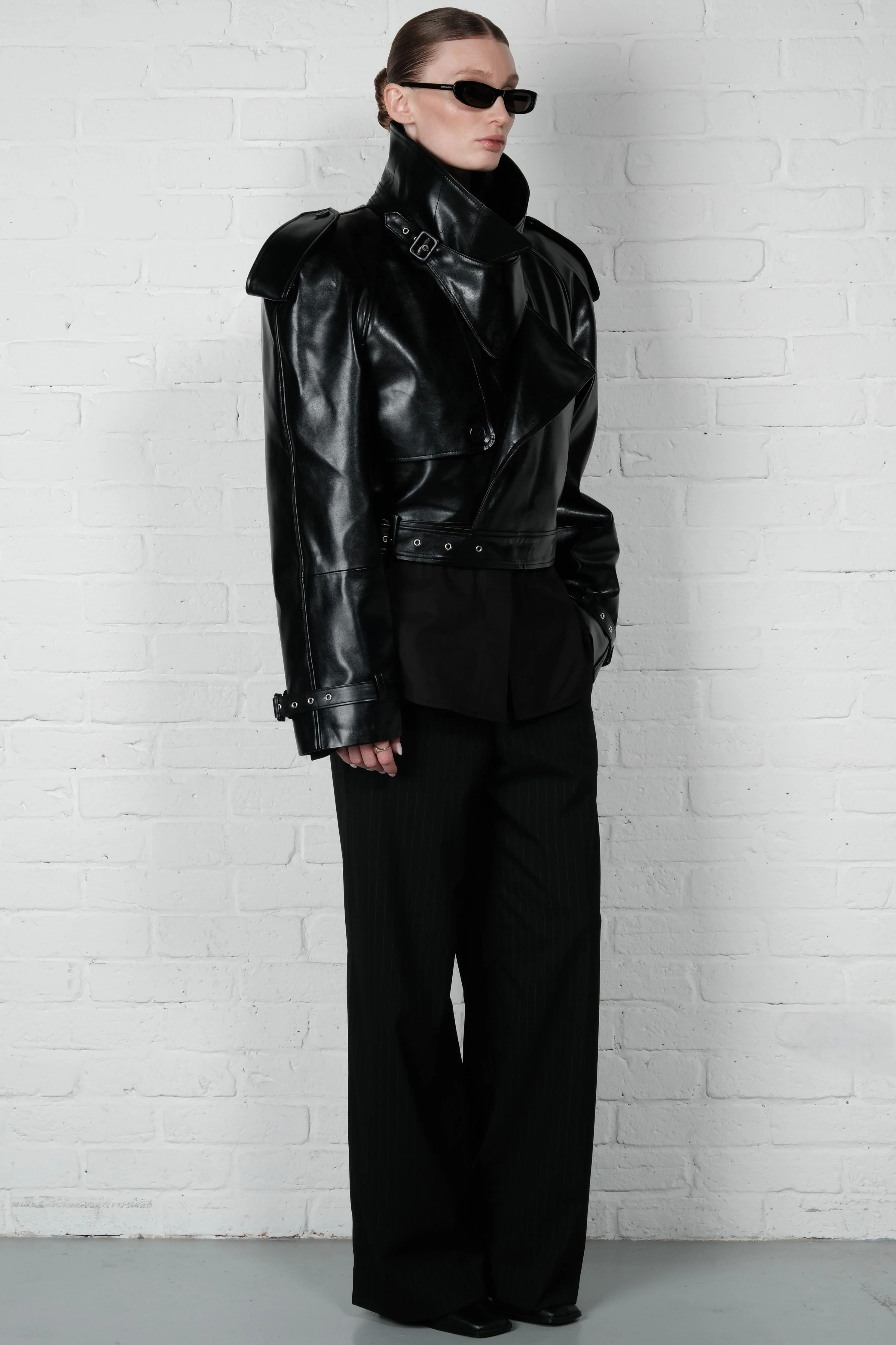 Cropped Trench Leather Jacket - Black - Image 5