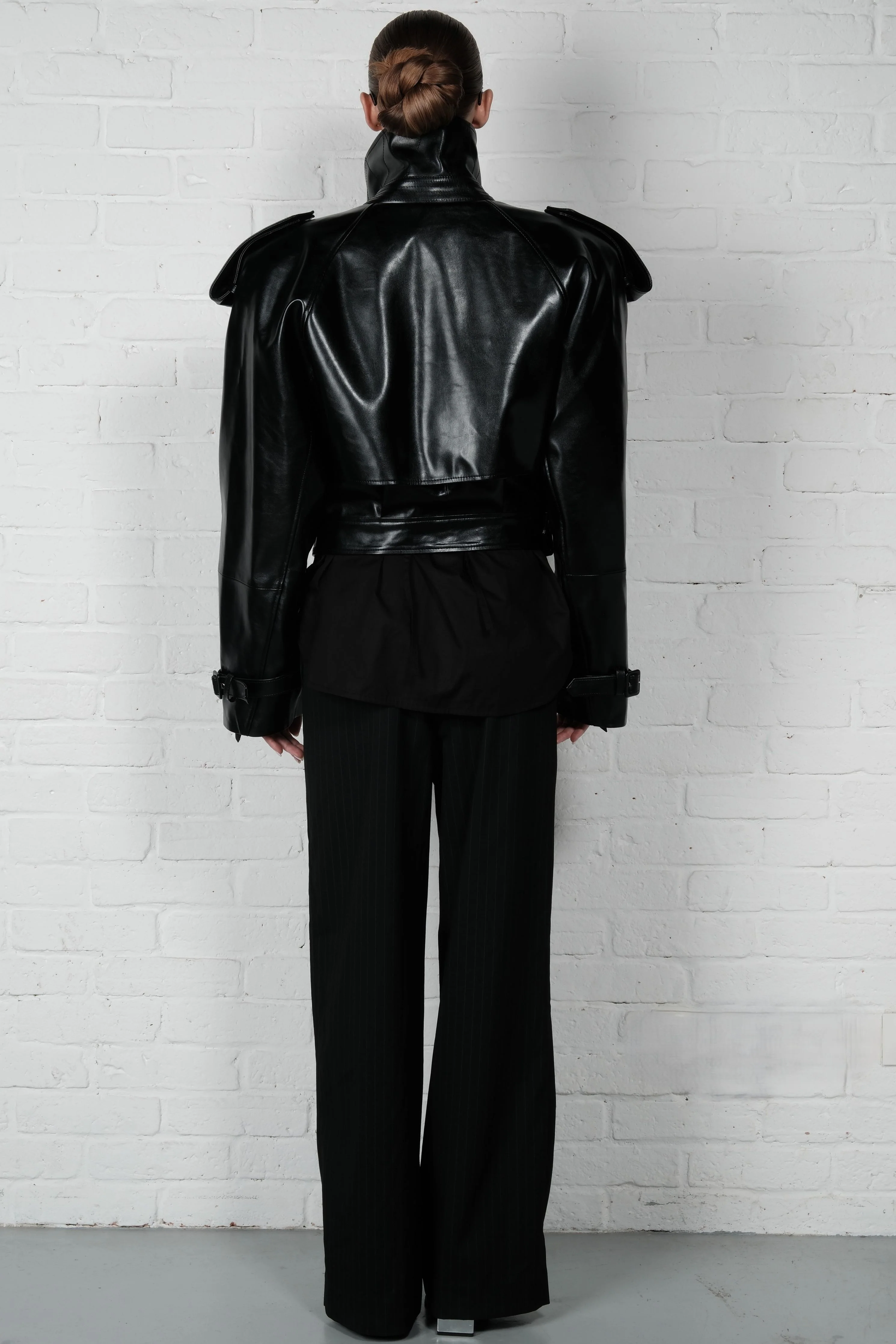 Cropped Trench Leather Jacket - Black - Image 6