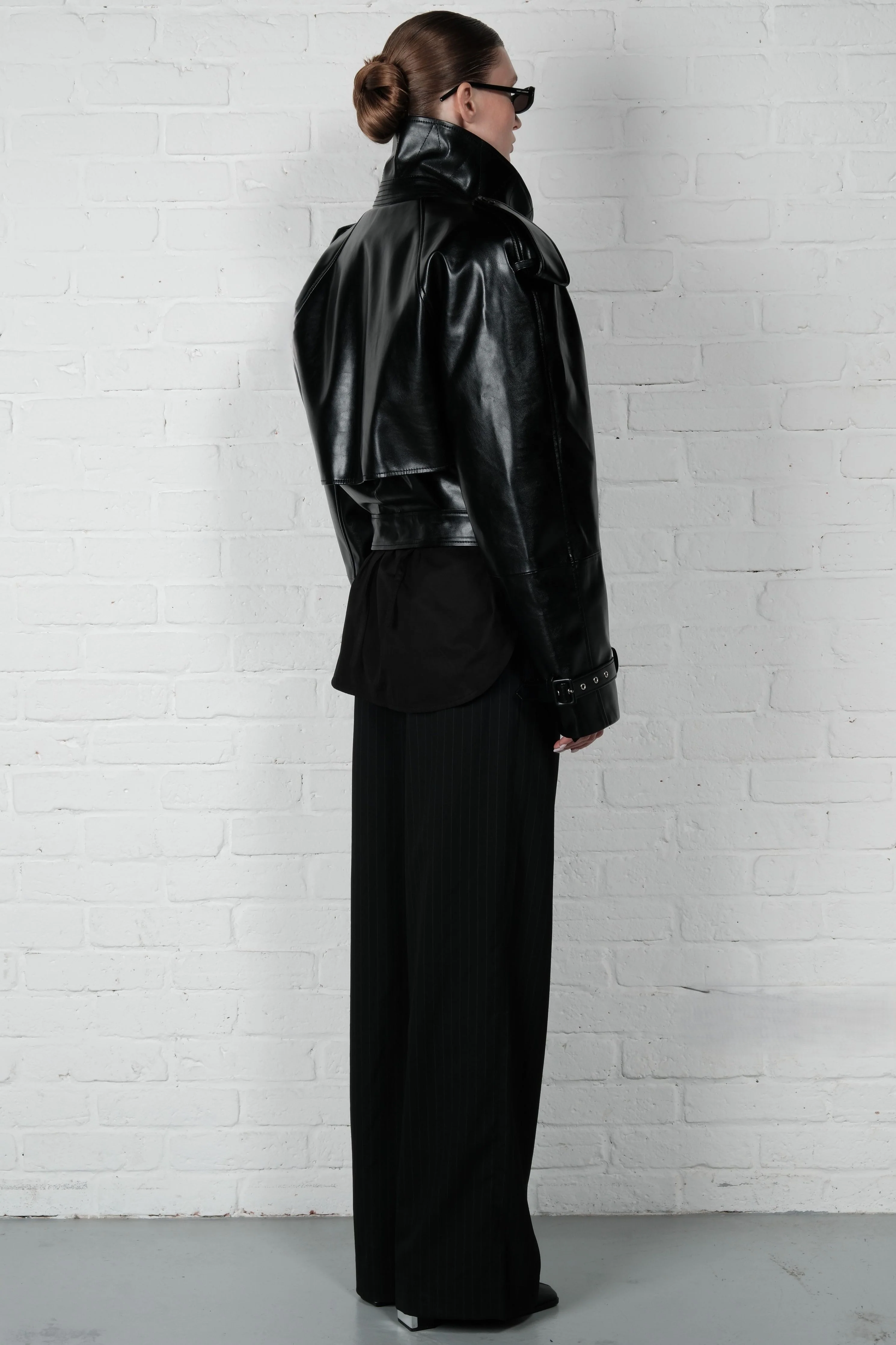 Cropped Trench Leather Jacket - Black - Image 7