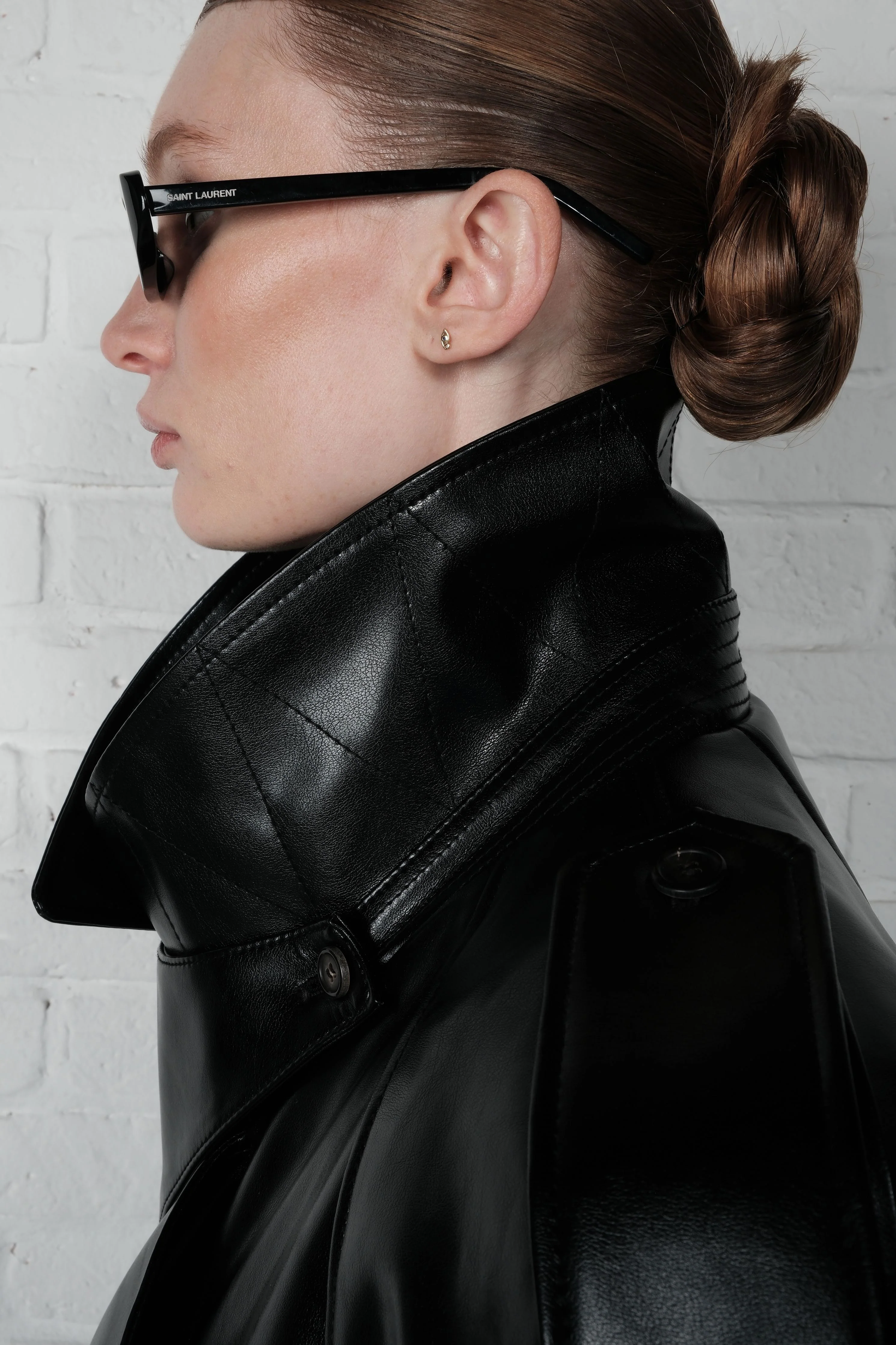 Cropped Trench Leather Jacket - Black - Image 9