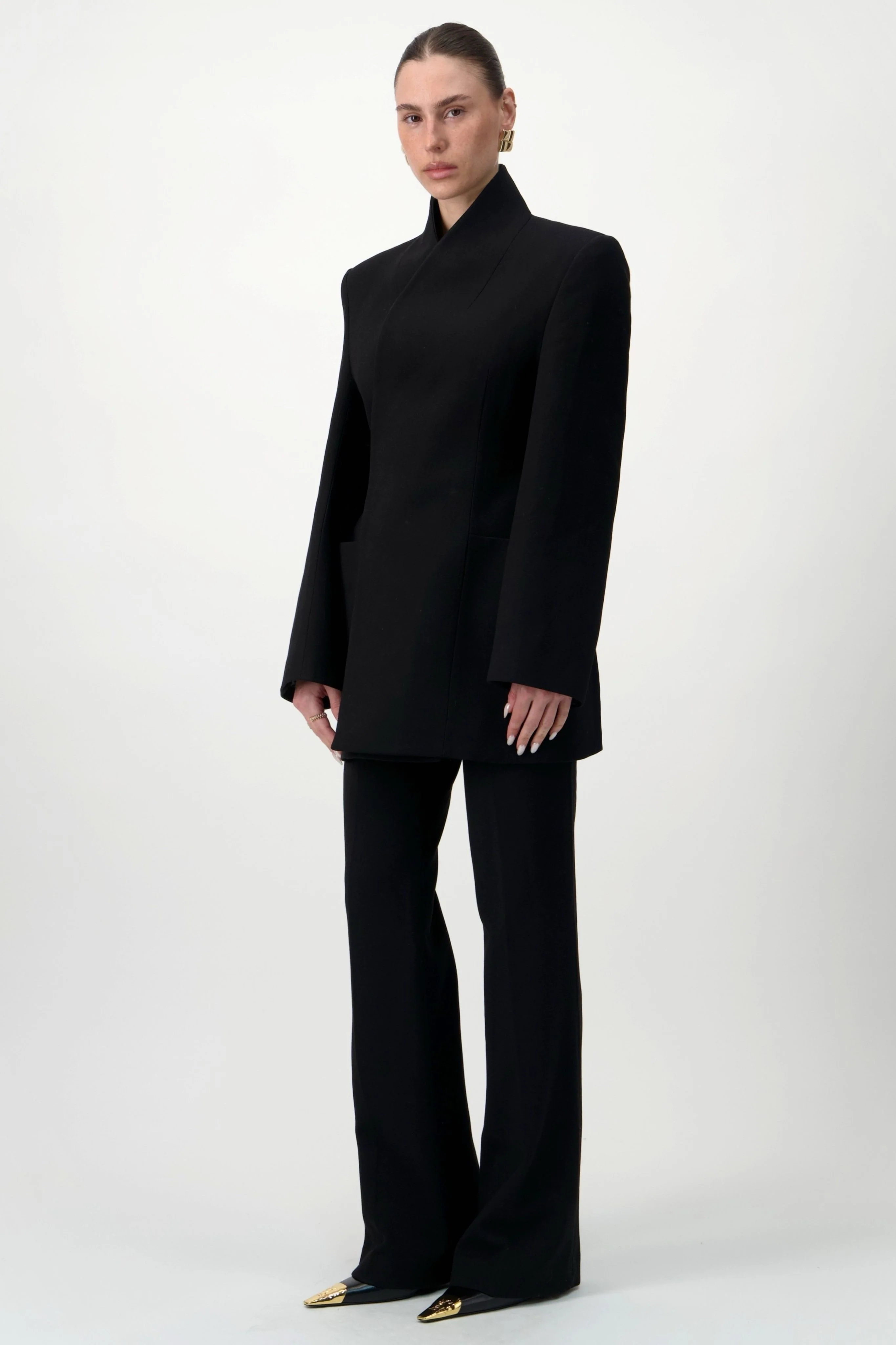 High-Collar Wrap Blazer - Black - Image 3
