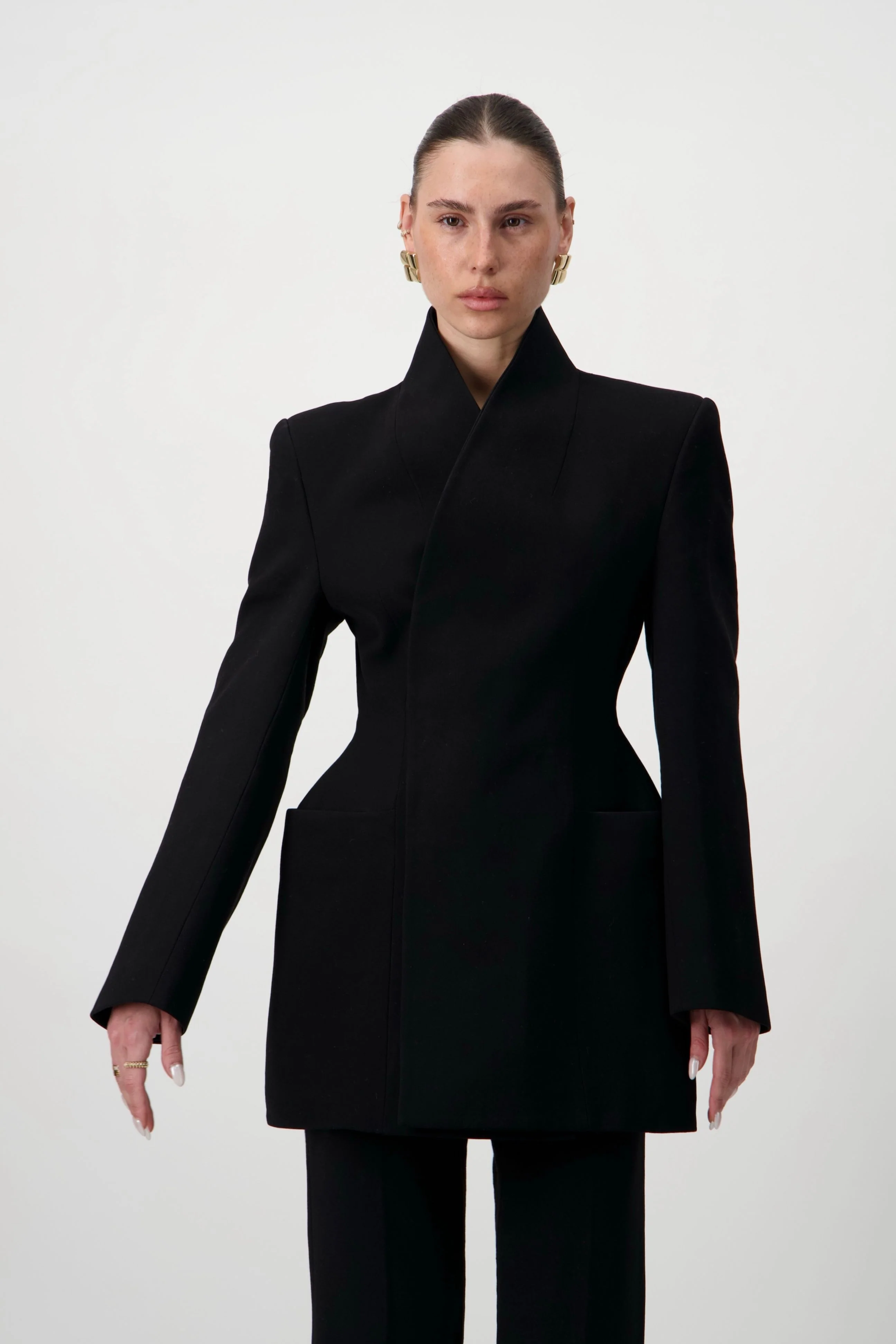 High-Collar Wrap Blazer - Black - Image 4