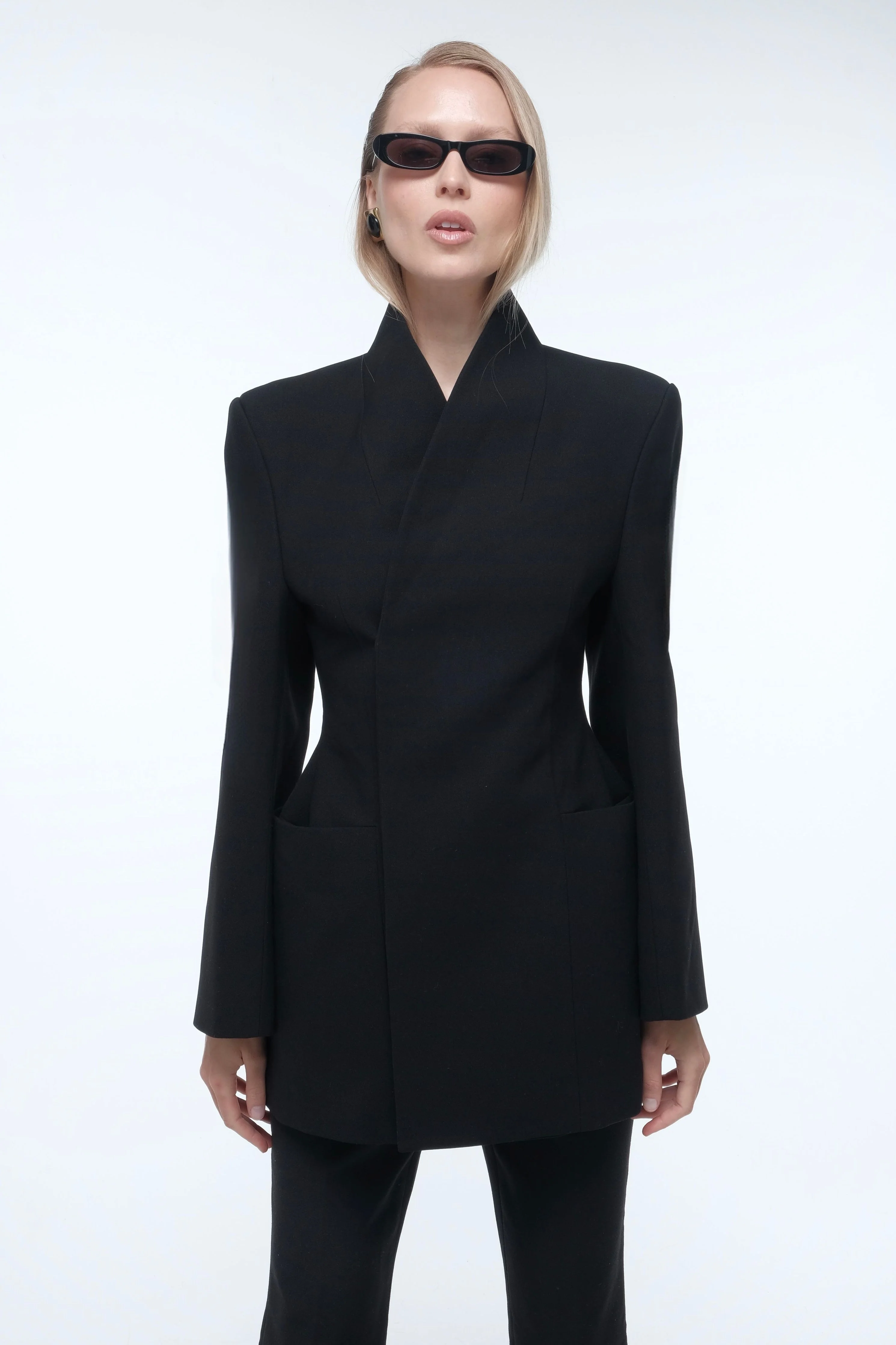 High-Collar Wrap Blazer - Black - Image 6