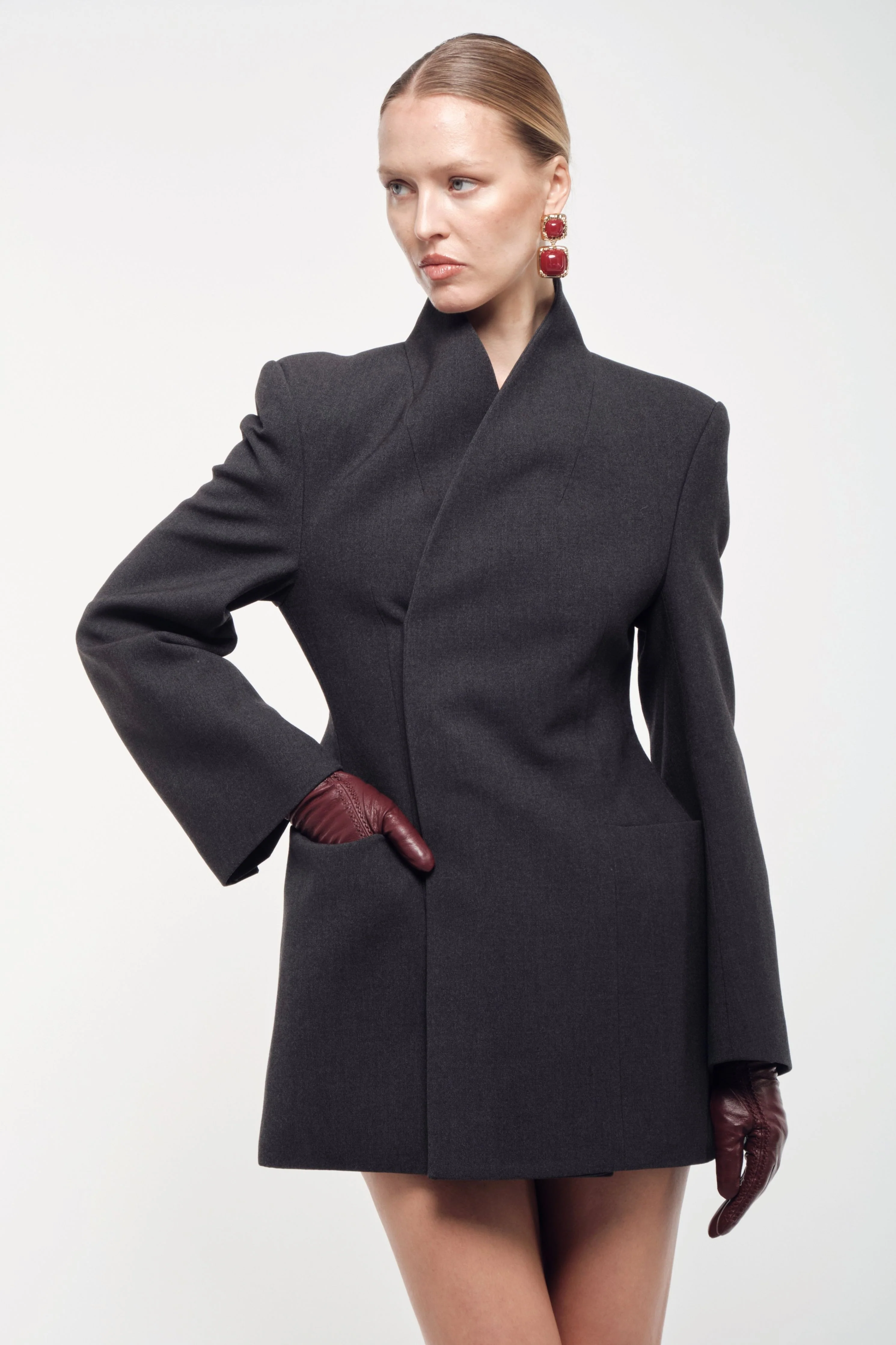 High-Collar Wrap Blazer - Charcoal - Image 3
