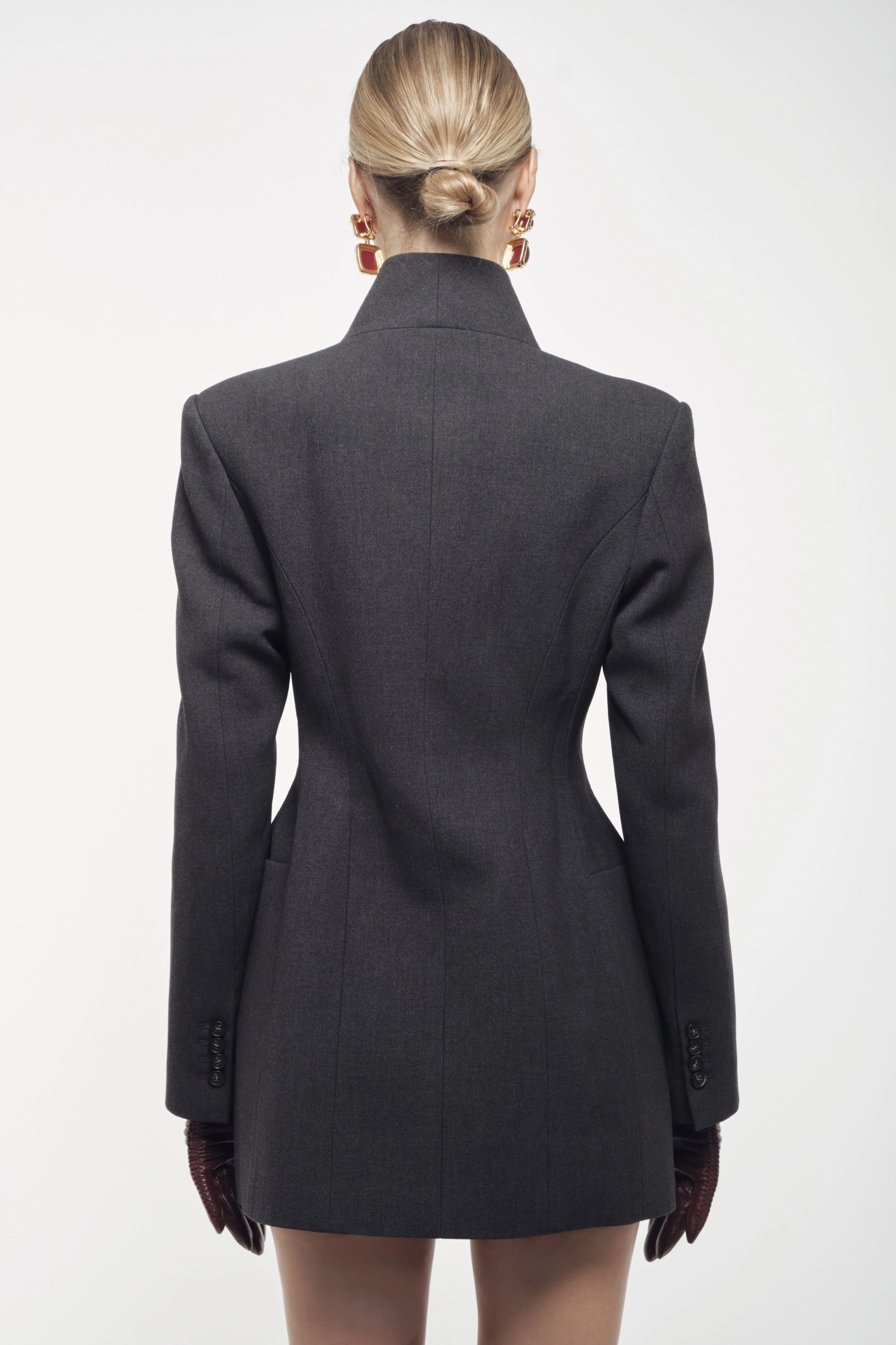High-Collar Wrap Blazer - Charcoal - Image 4