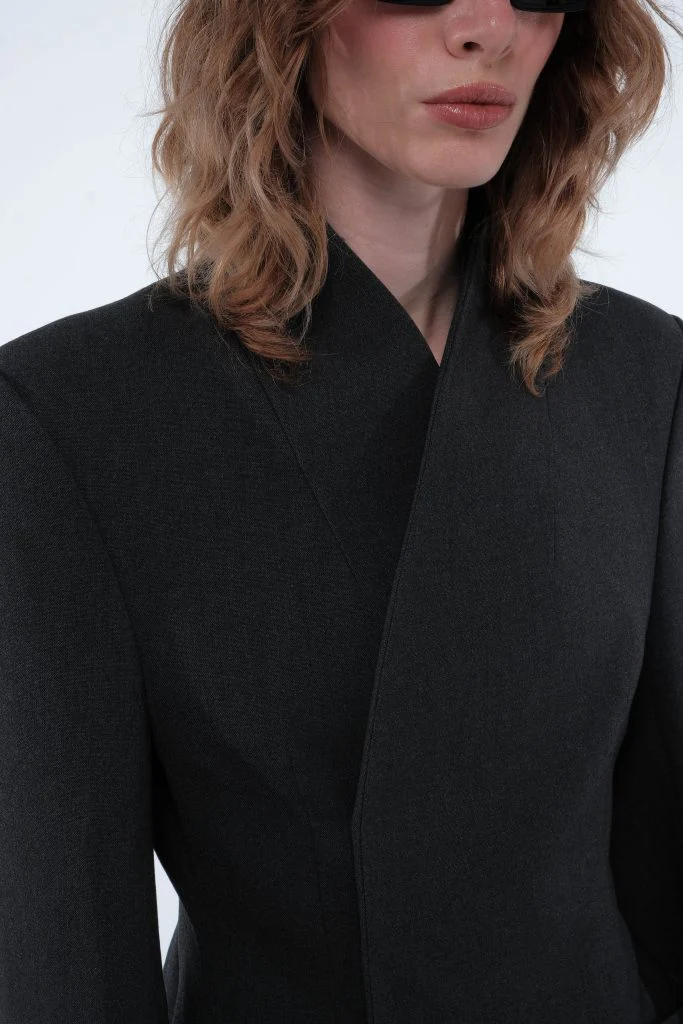 High-Collar Wrap Blazer - Charcoal - Image 5