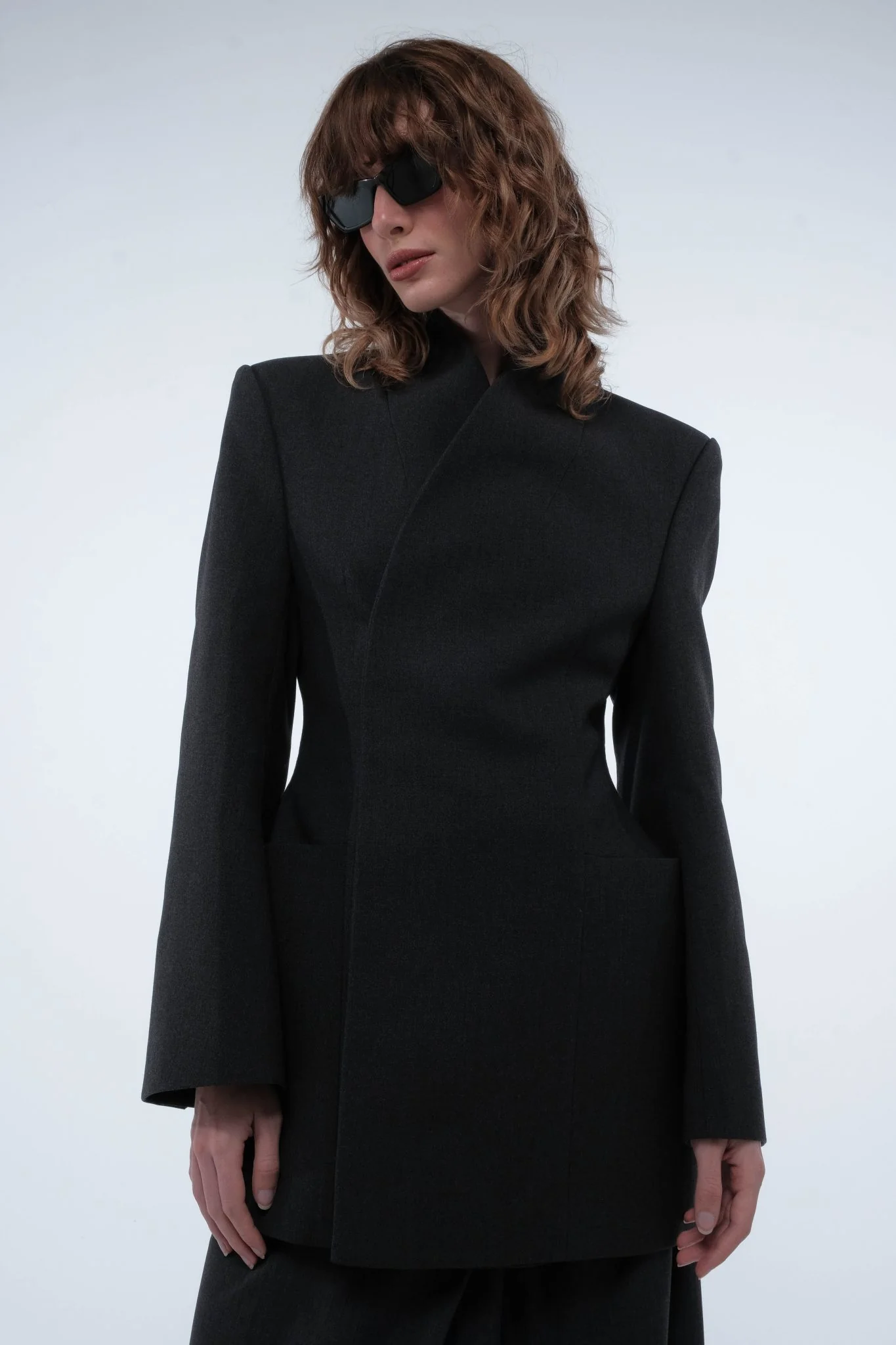 High-Collar Wrap Blazer - Charcoal - Image 6