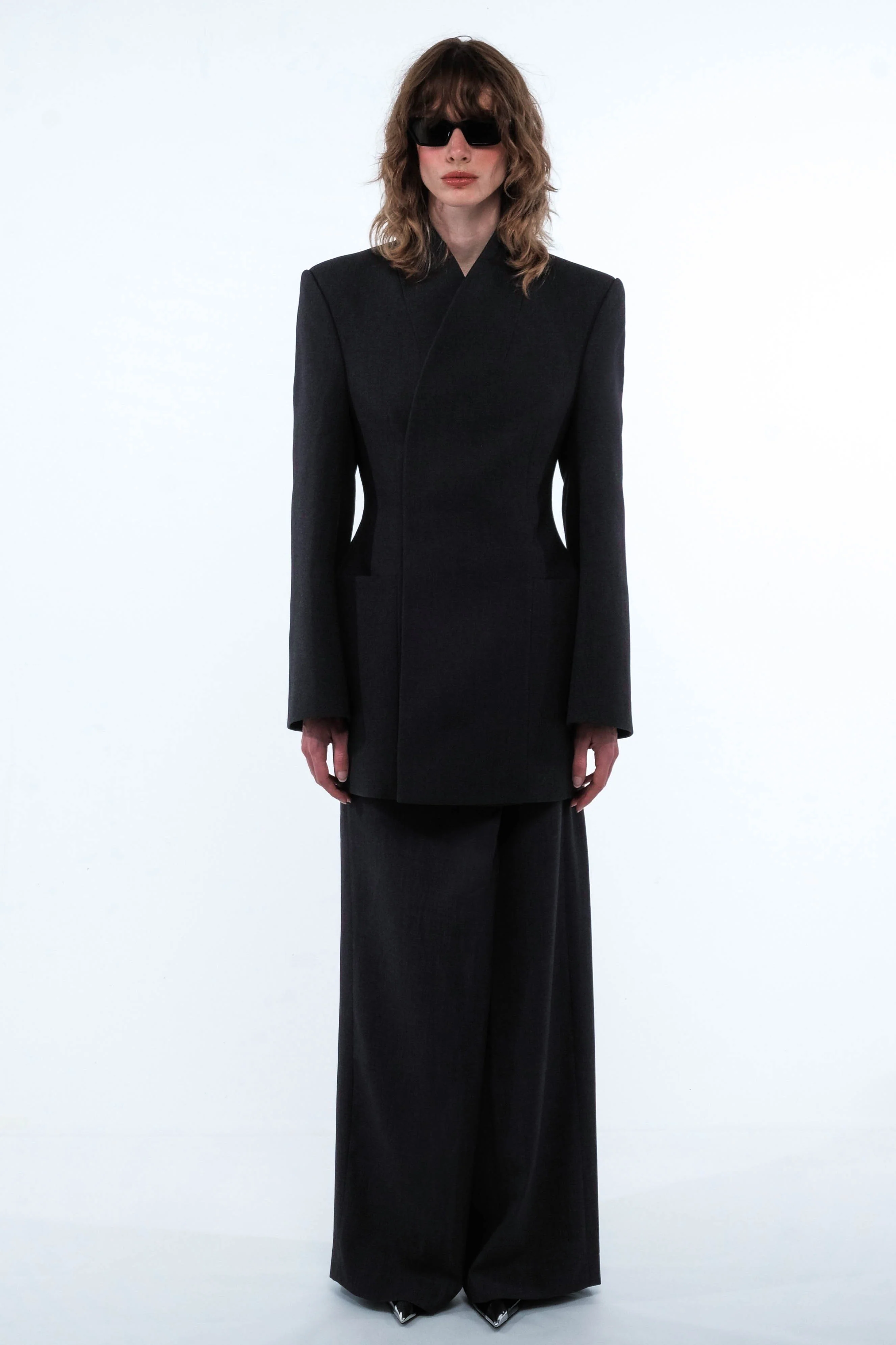 High-Collar Wrap Blazer - Charcoal - Image 7
