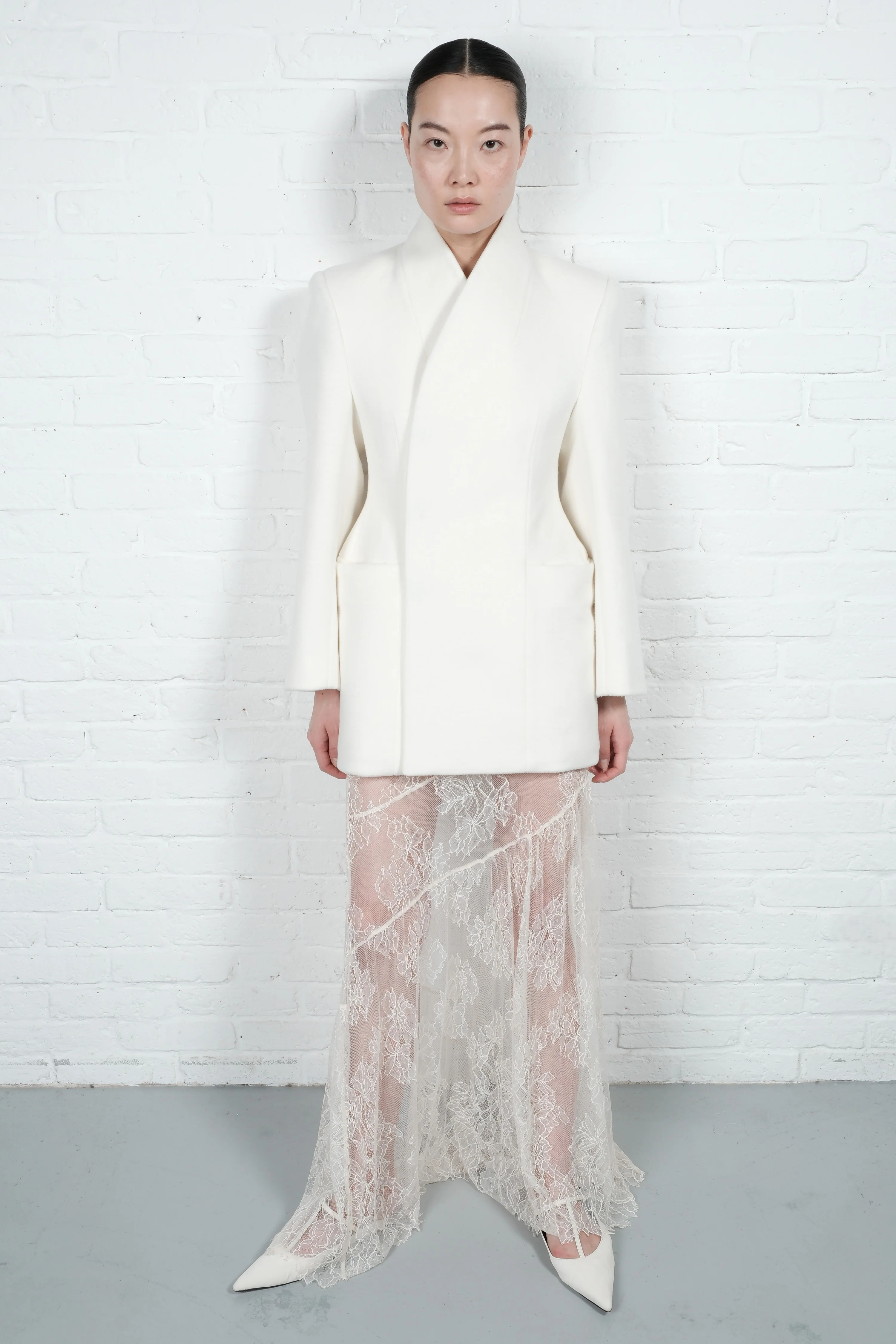 High-Collar Wool Wrap Blazer – Ivory