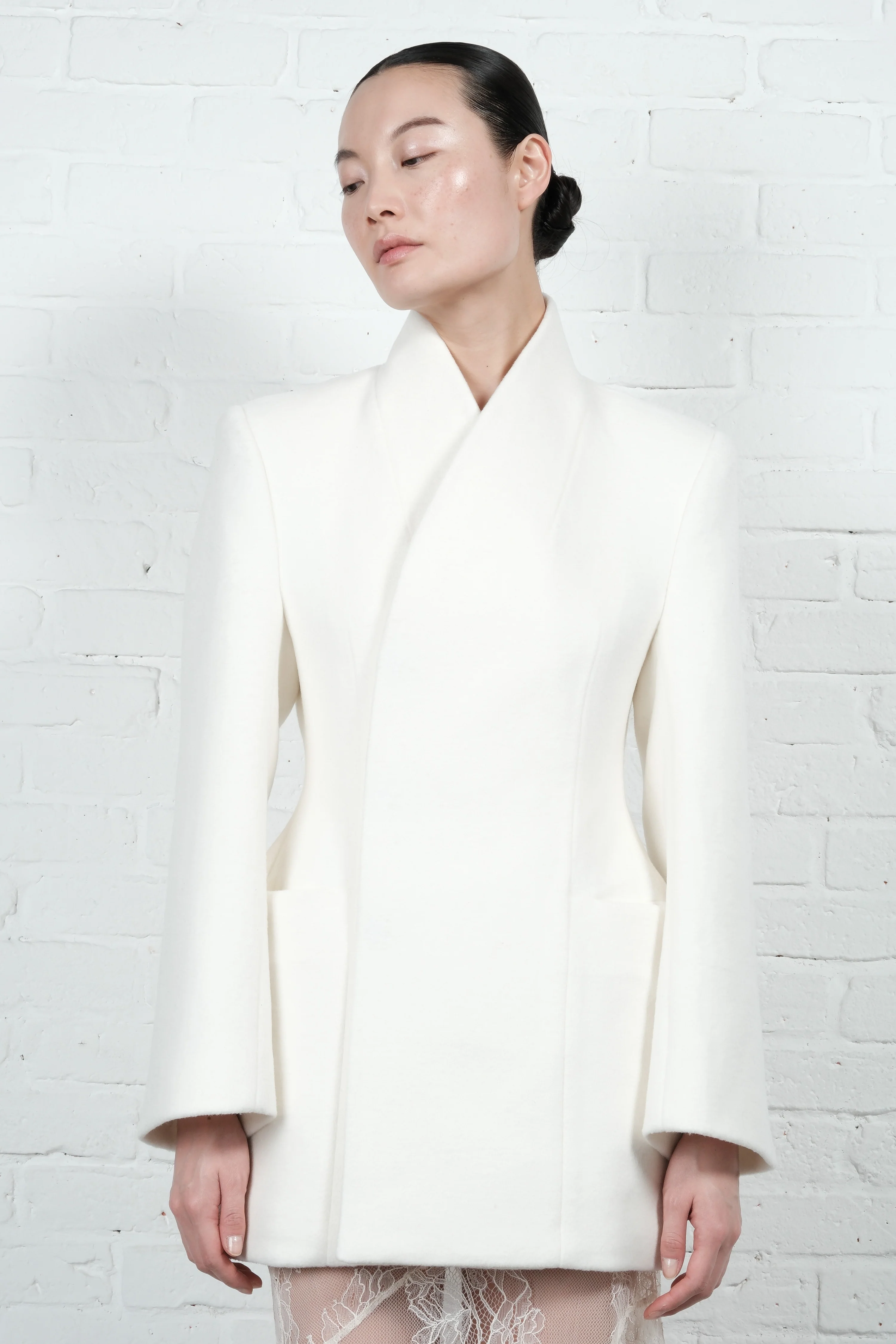 High-Collar Wool Wrap Blazer – Ivory - Image 6