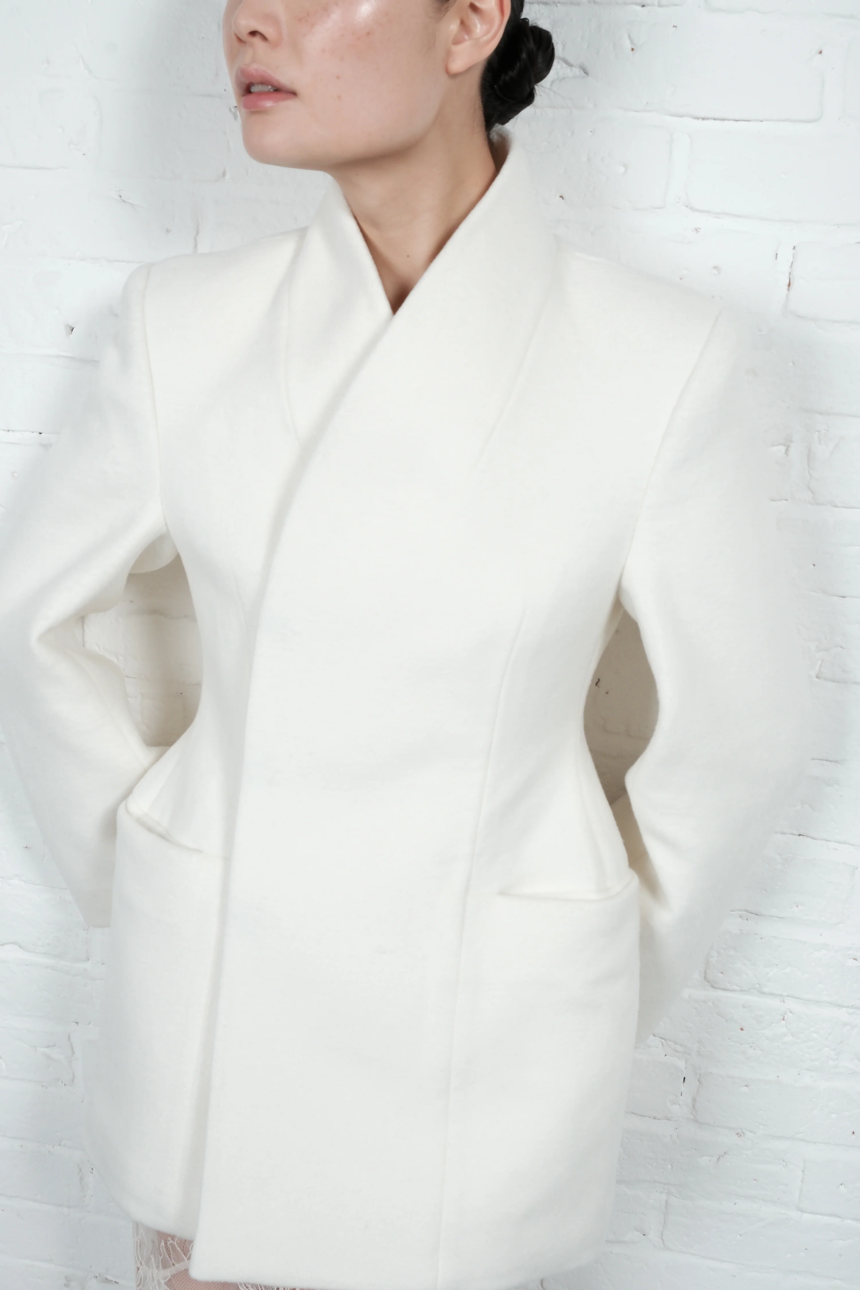 High-Collar Wool Wrap Blazer – Ivory - Image 8