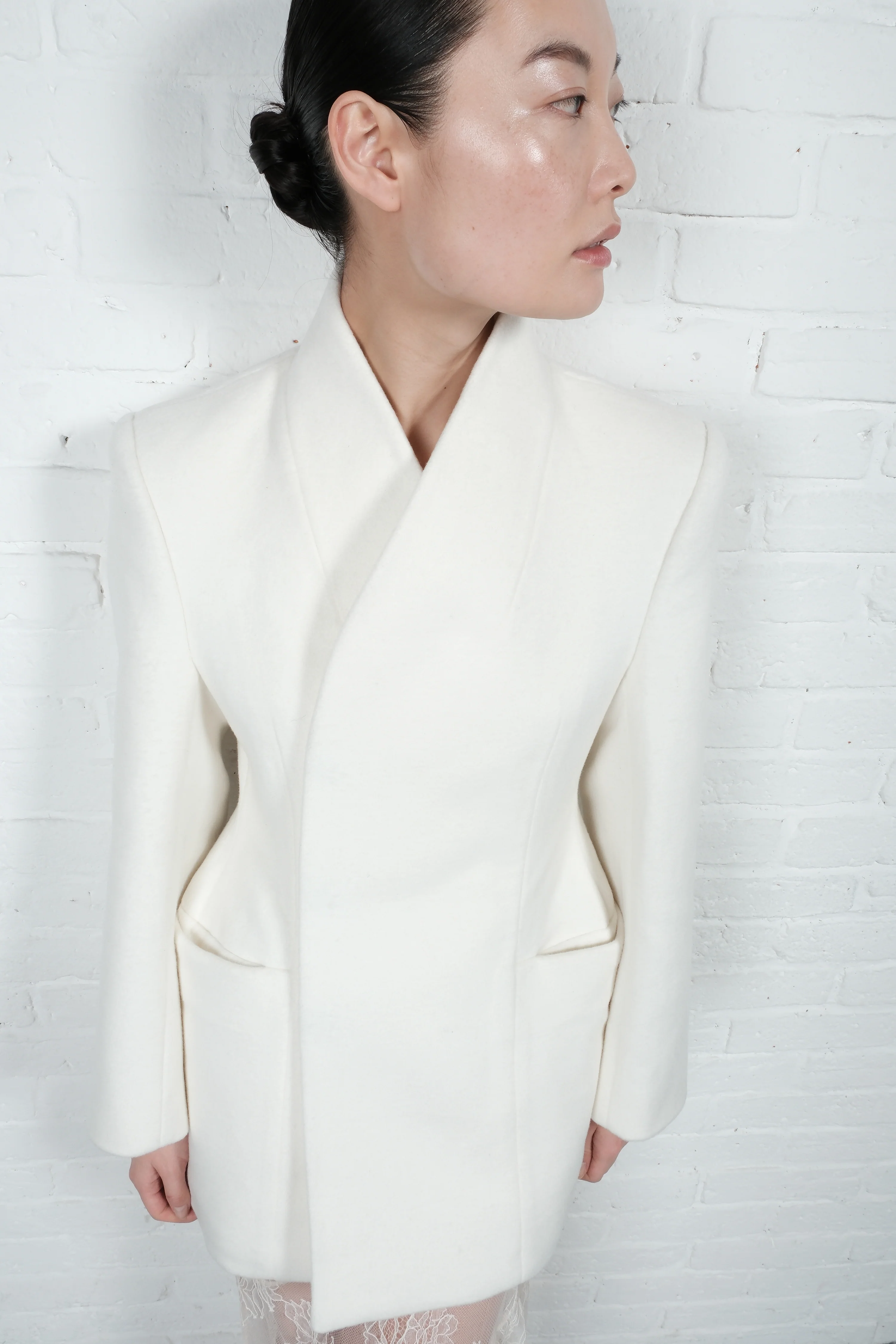 High-Collar Wool Wrap Blazer – Ivory - Image 9