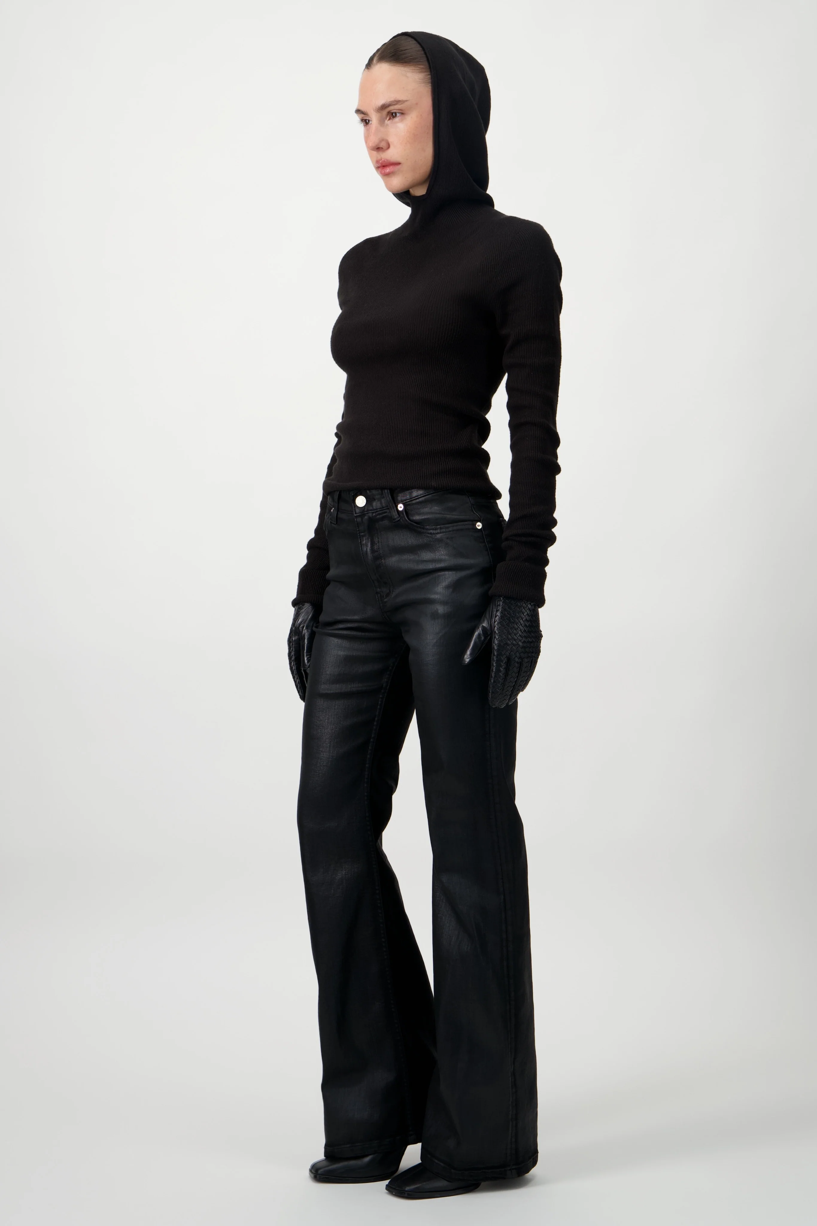 Hooded Ribbed Top - Black - Image 3