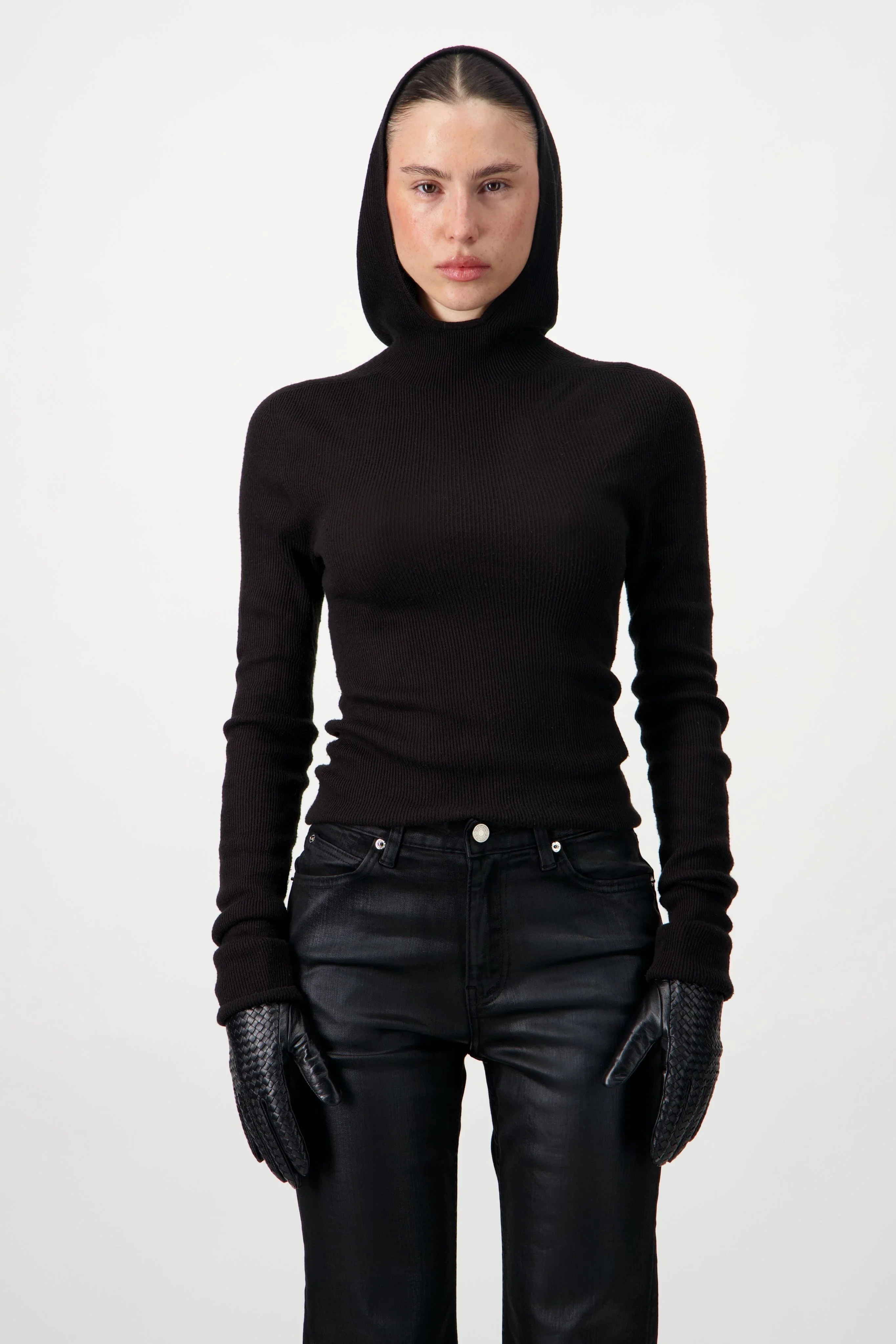 Hooded Ribbed Top - Black - Image 4
