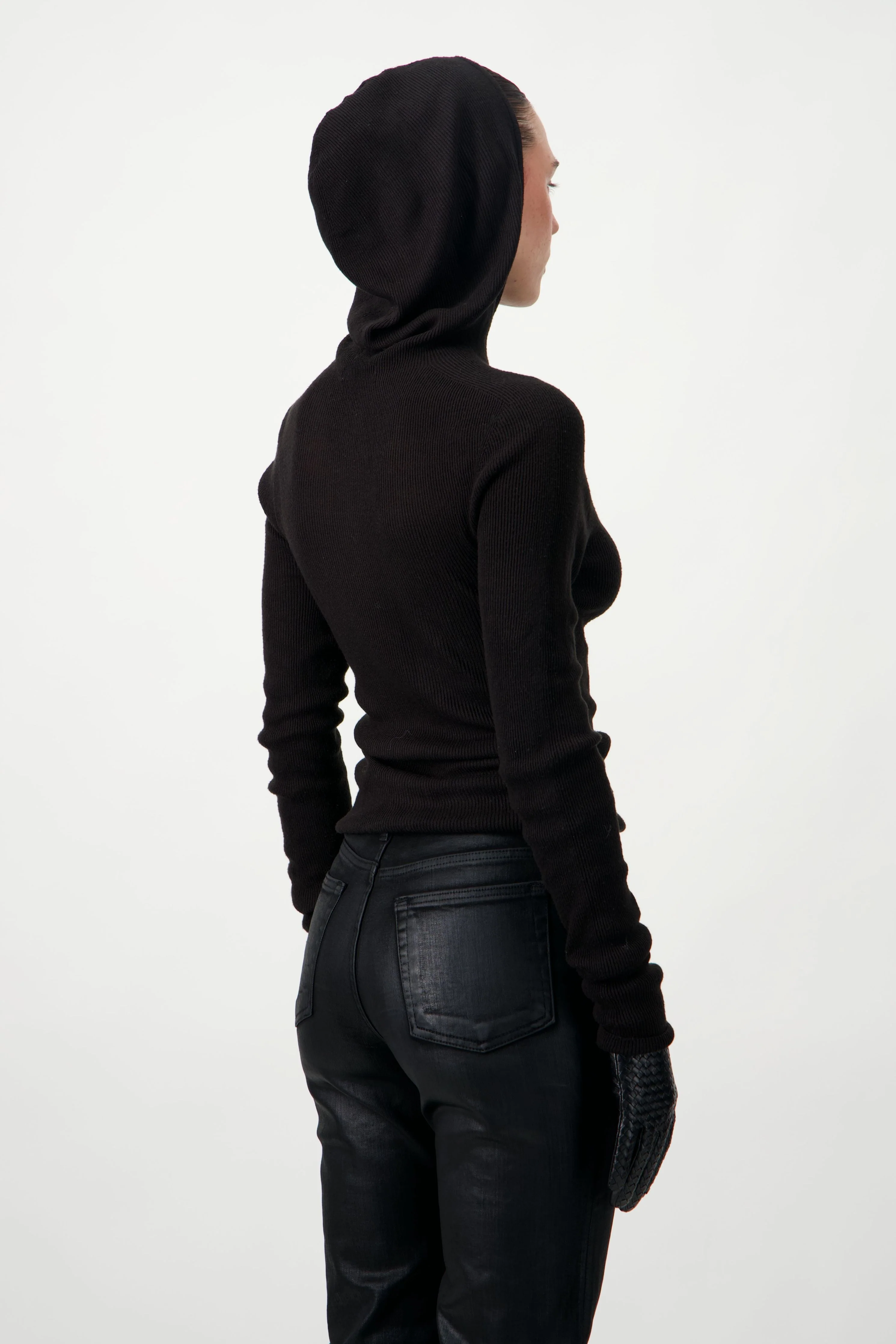 Hooded Ribbed Top - Black - Image 6