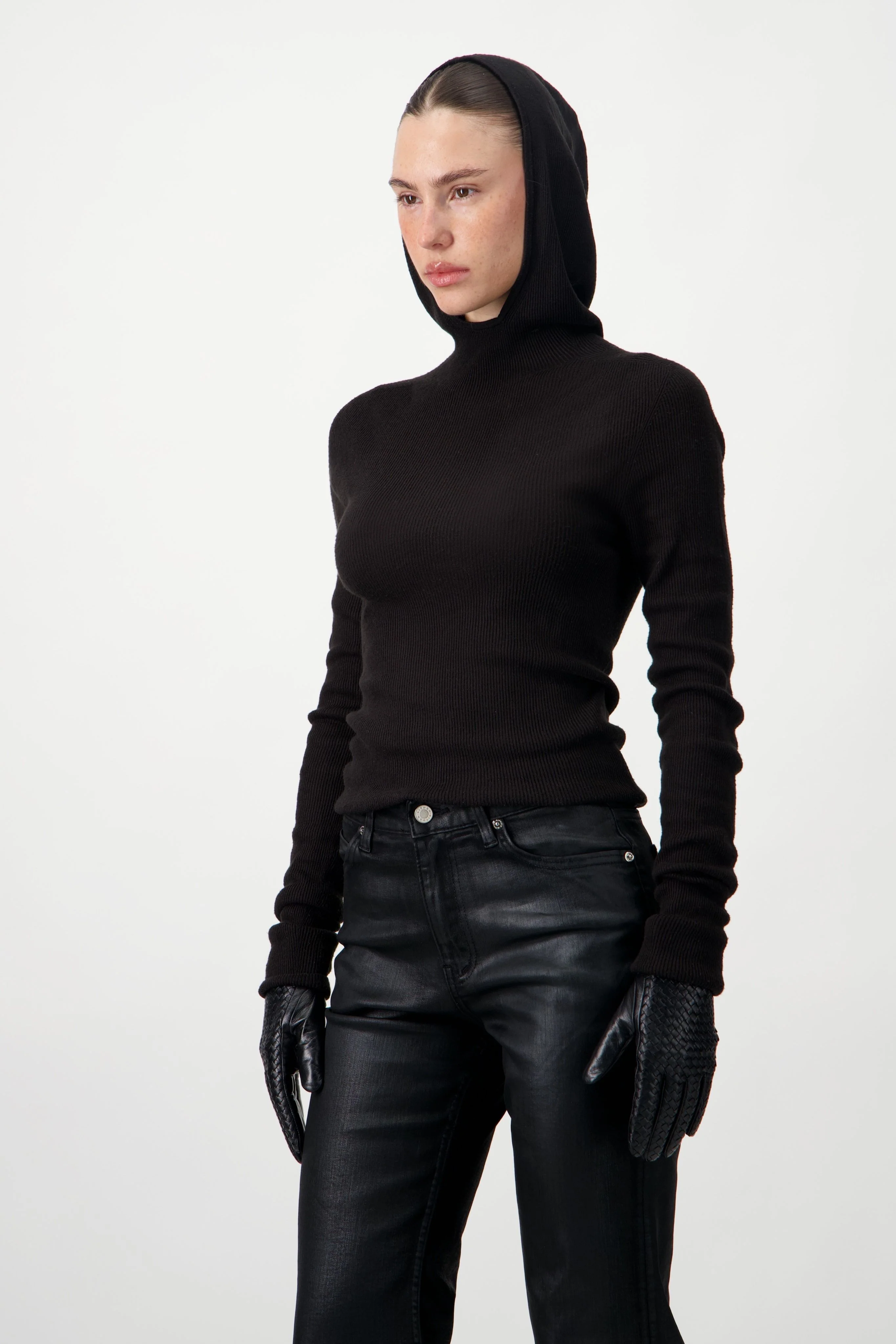Hooded Ribbed Top - Black - Image 7