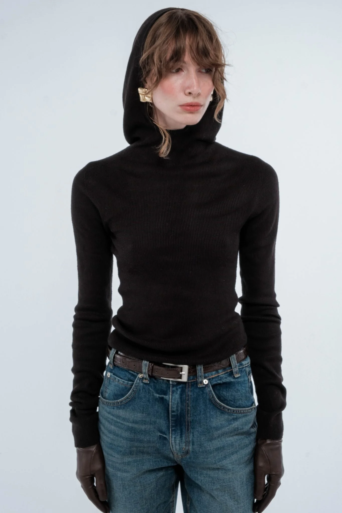 Hooded Ribbed Top - Black - Image 8
