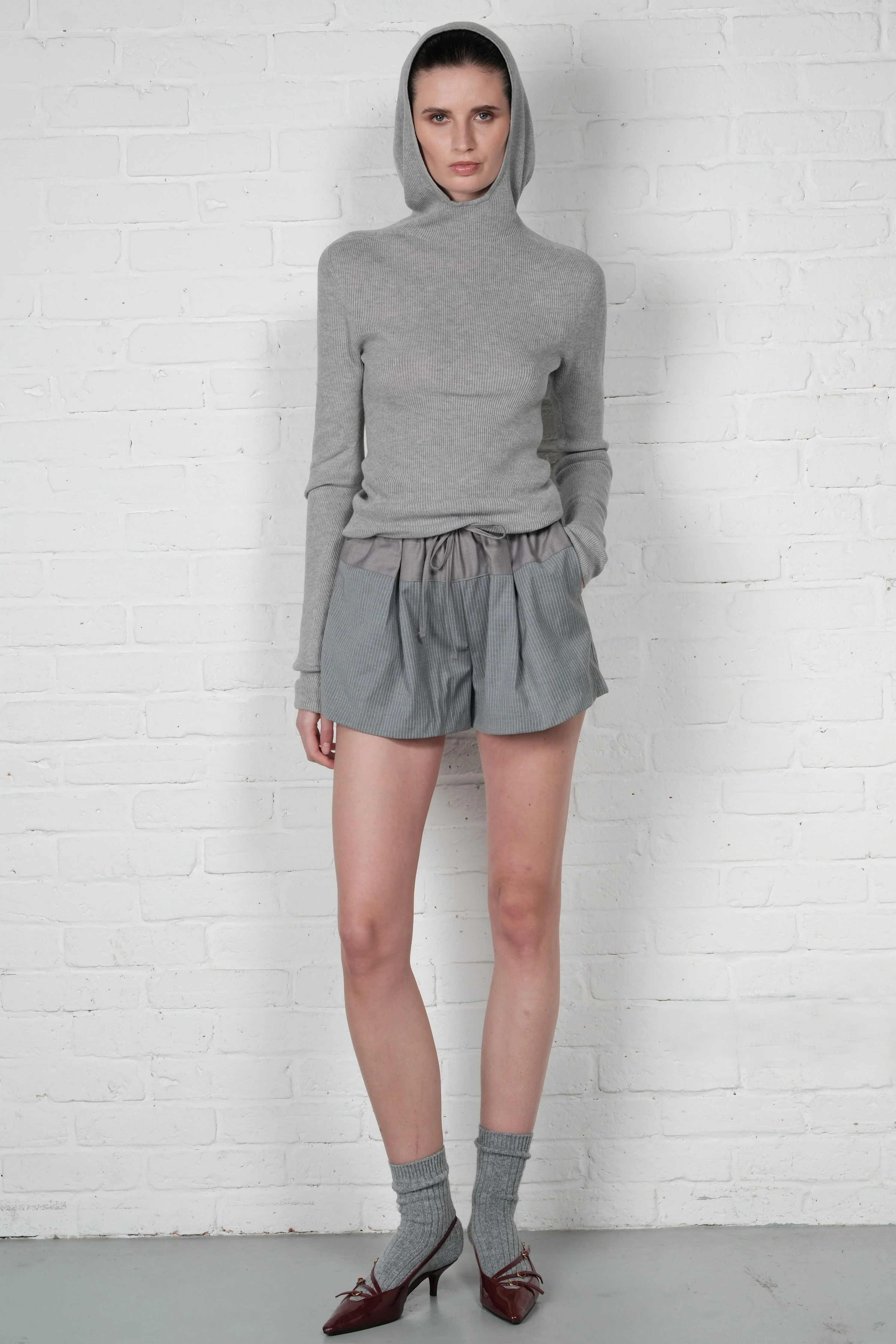 Hooded Ribbed Top - Grey - Image 3