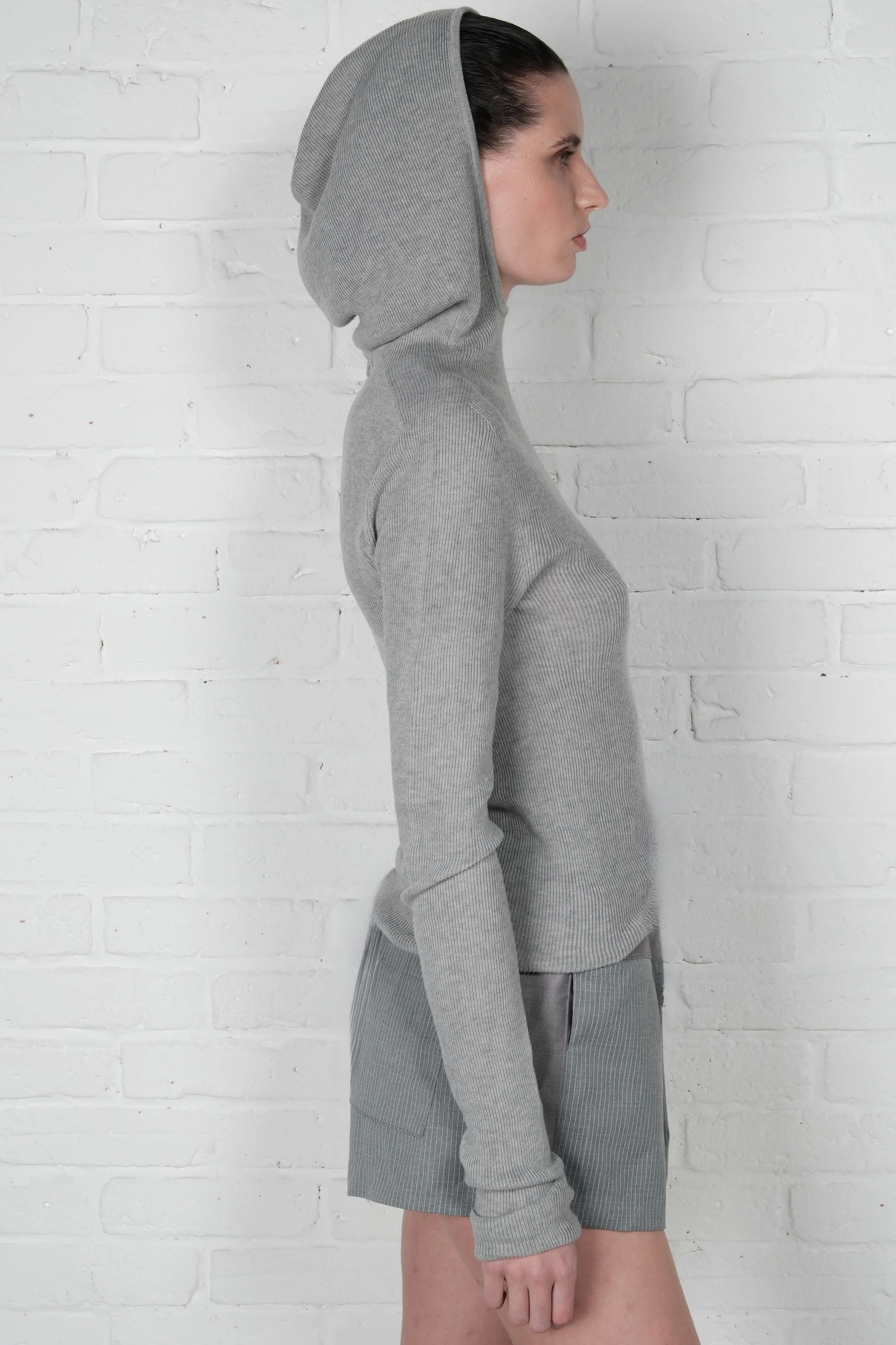 Hooded Ribbed Top - Grey - Image 5