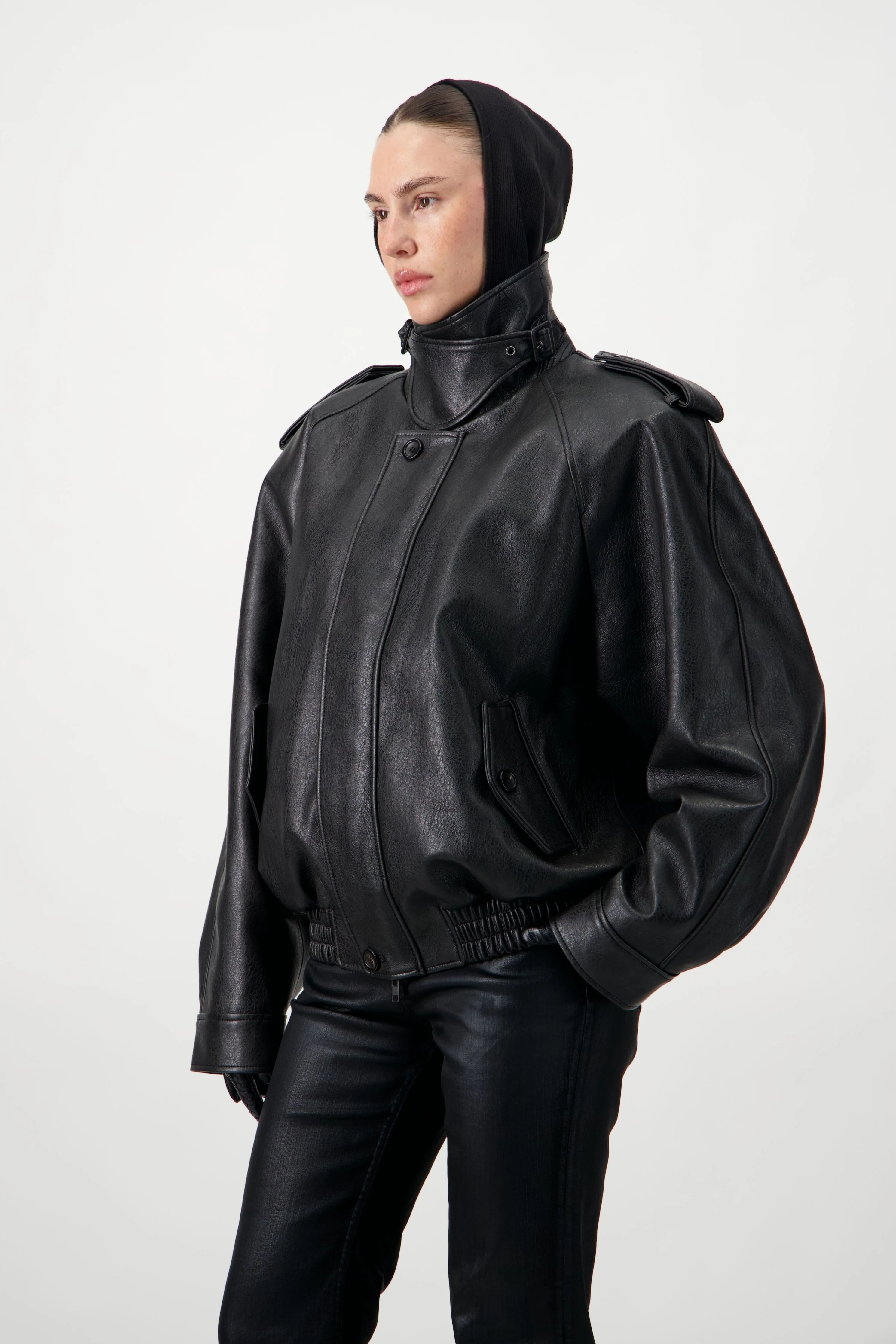 Oversized Bomber Leather Jacket - Black - Image 3