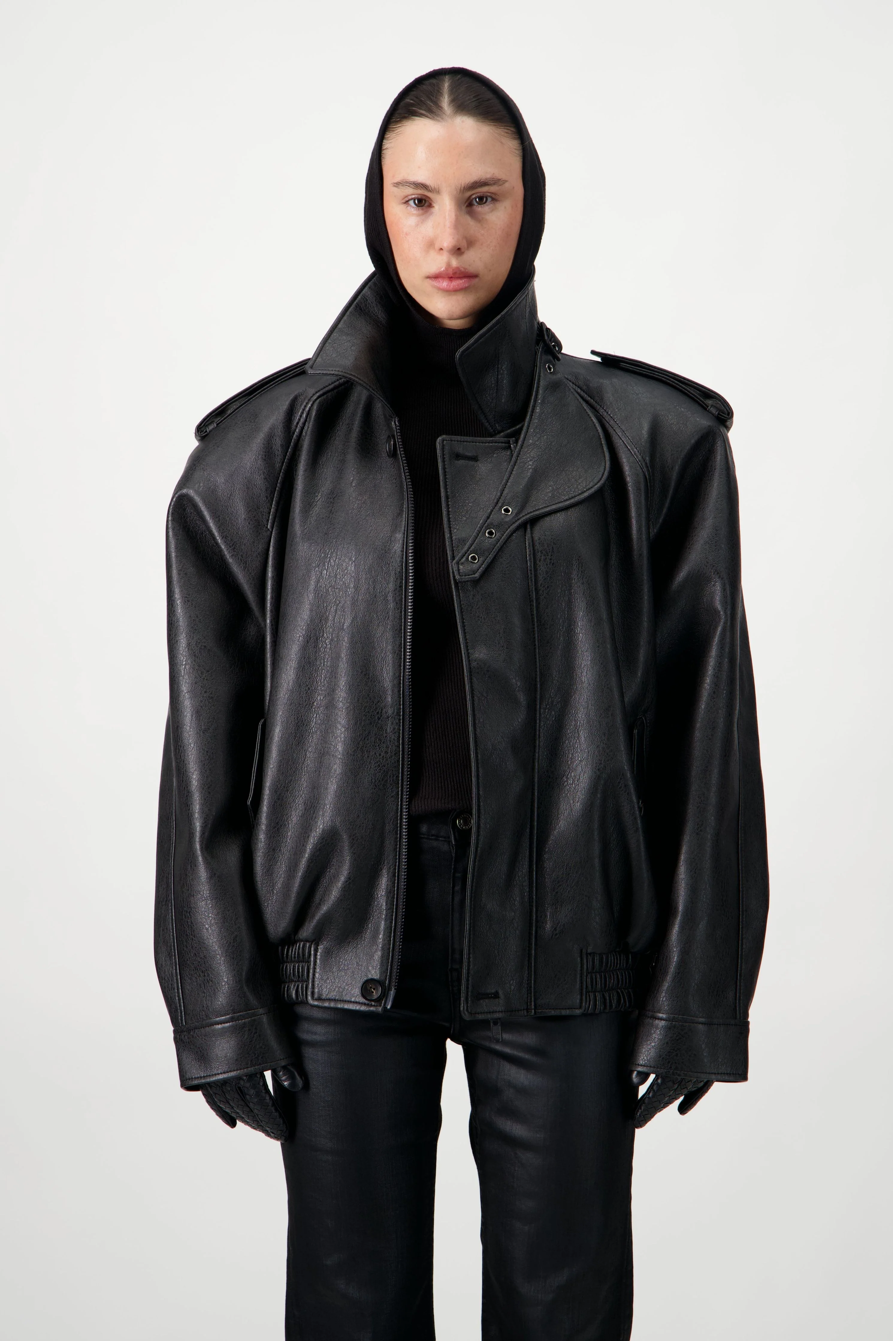 Oversized Bomber Leather Jacket - Black - Image 4