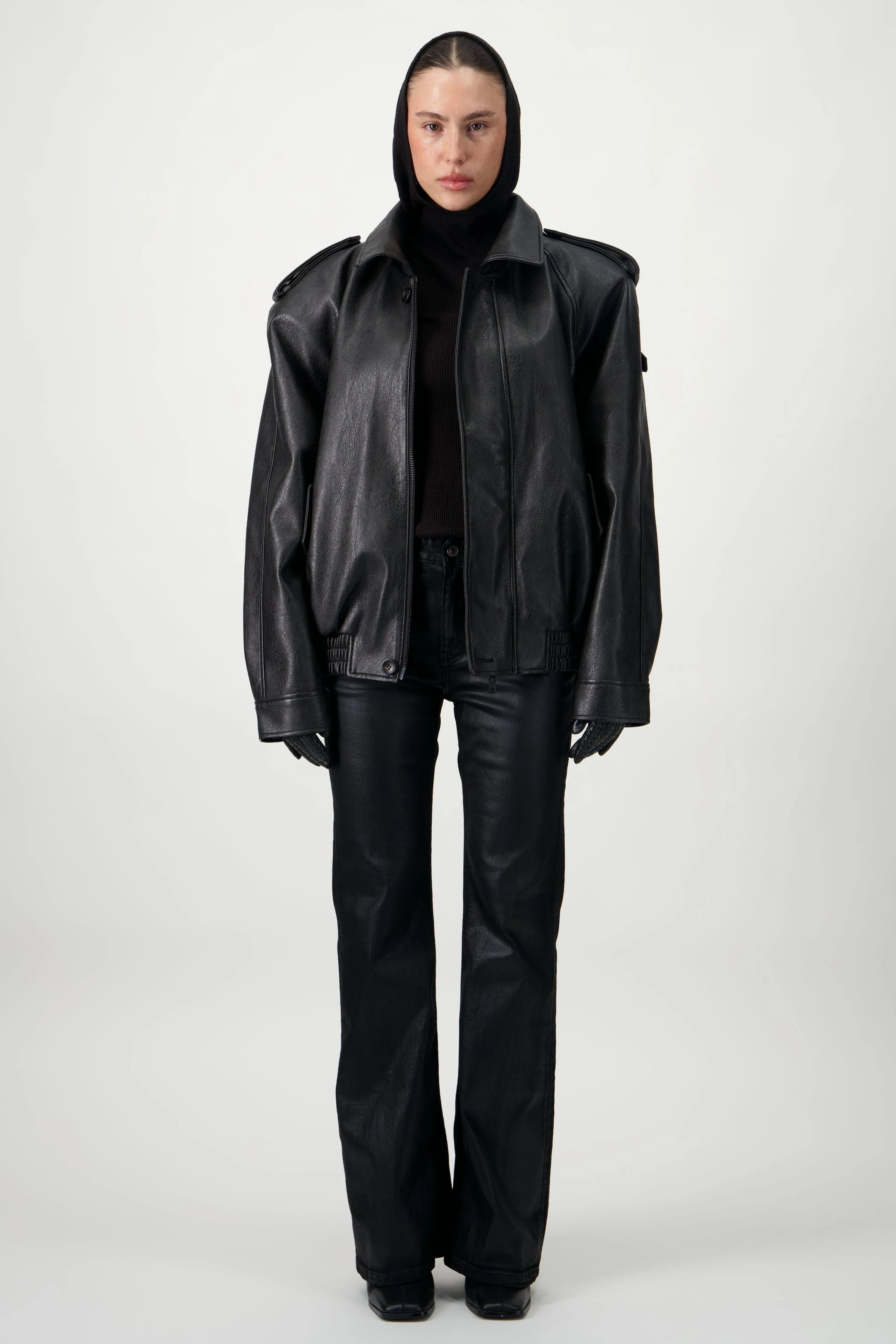 Oversized Bomber Leather Jacket - Black - Image 5