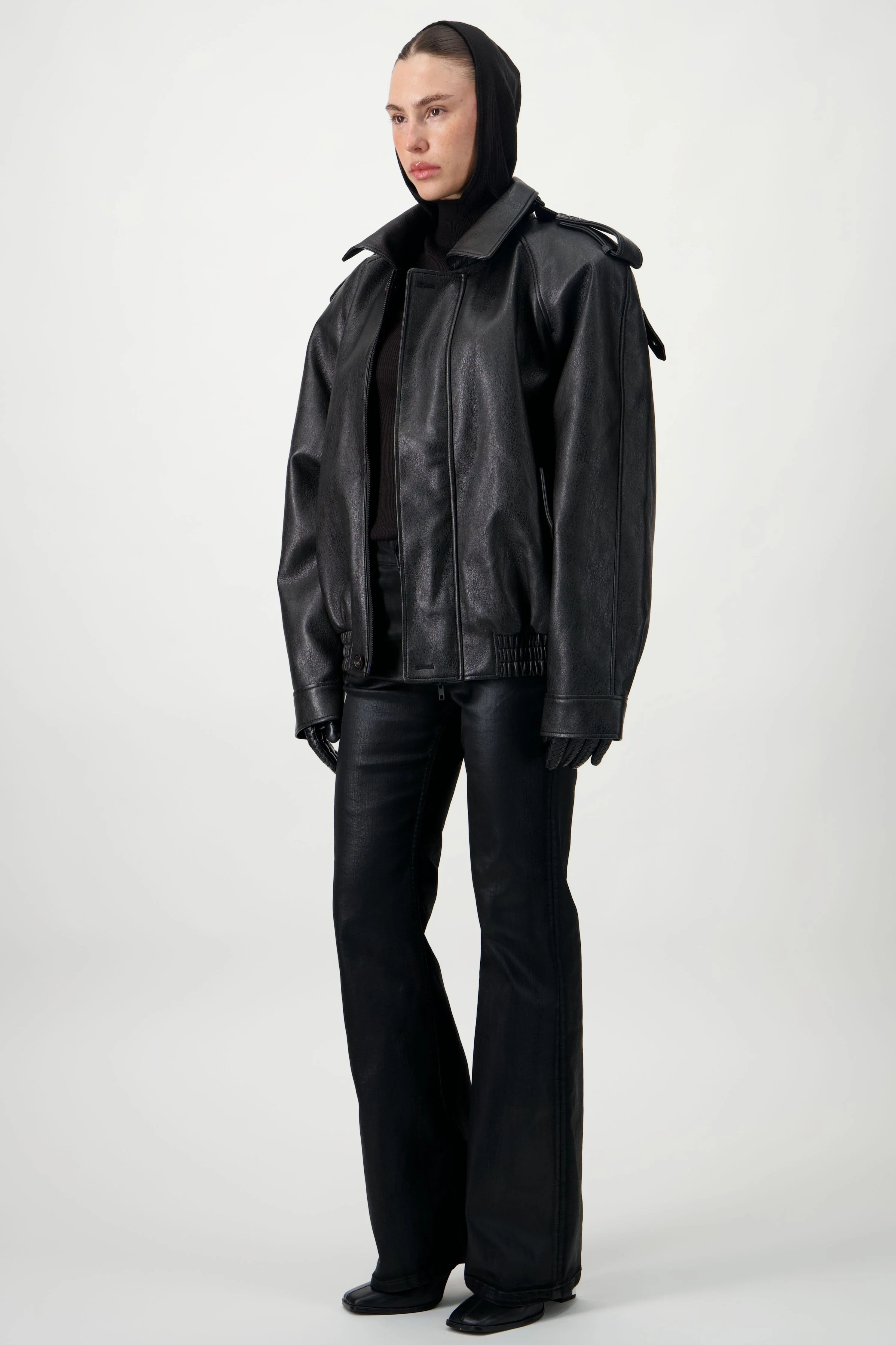 Oversized Bomber Leather Jacket - Black - Image 6