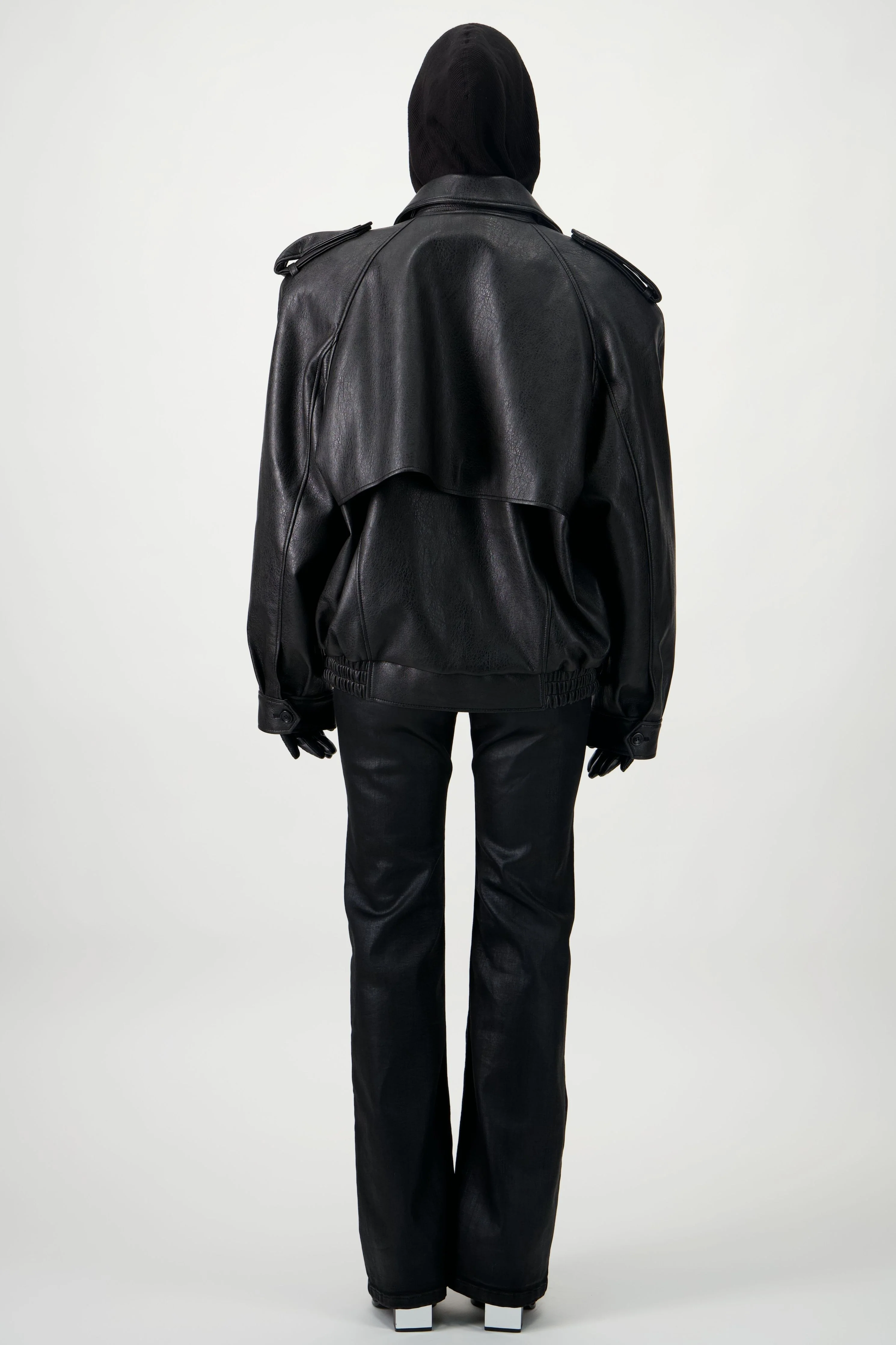 Oversized Bomber Leather Jacket - Black - Image 7