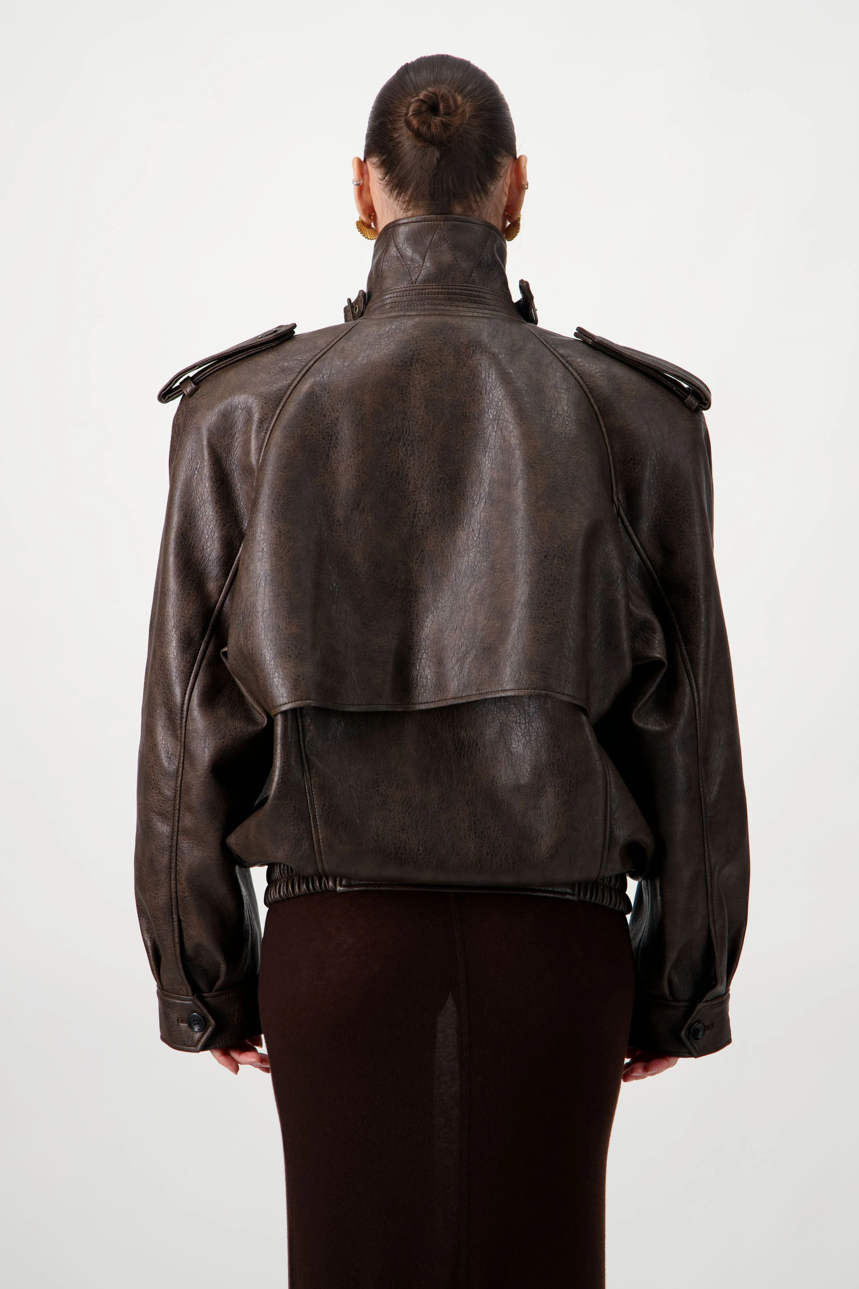 Oversized Bomber Leather Jacket - Brown - Image 2