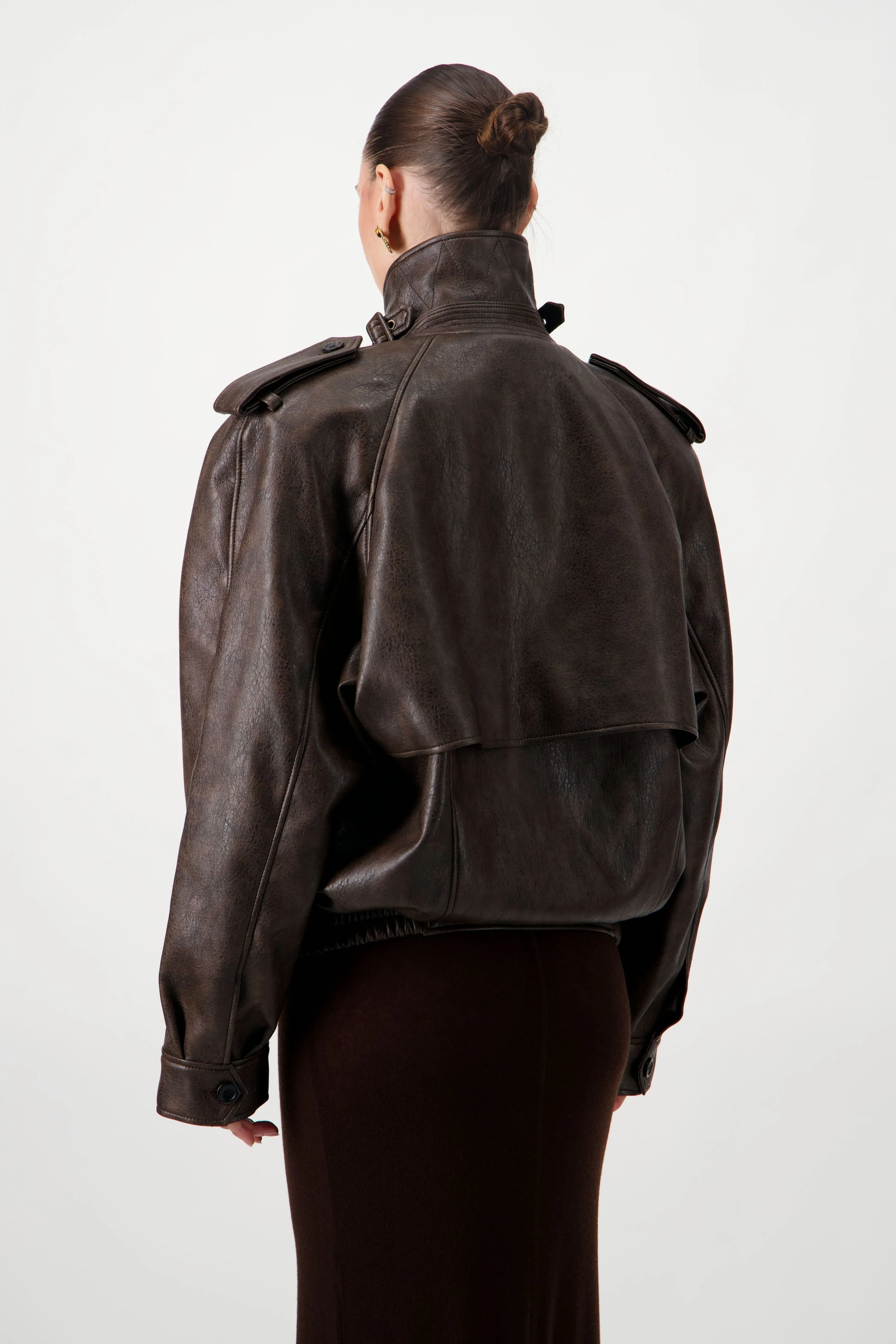 Oversized Bomber Leather Jacket - Brown - Image 3