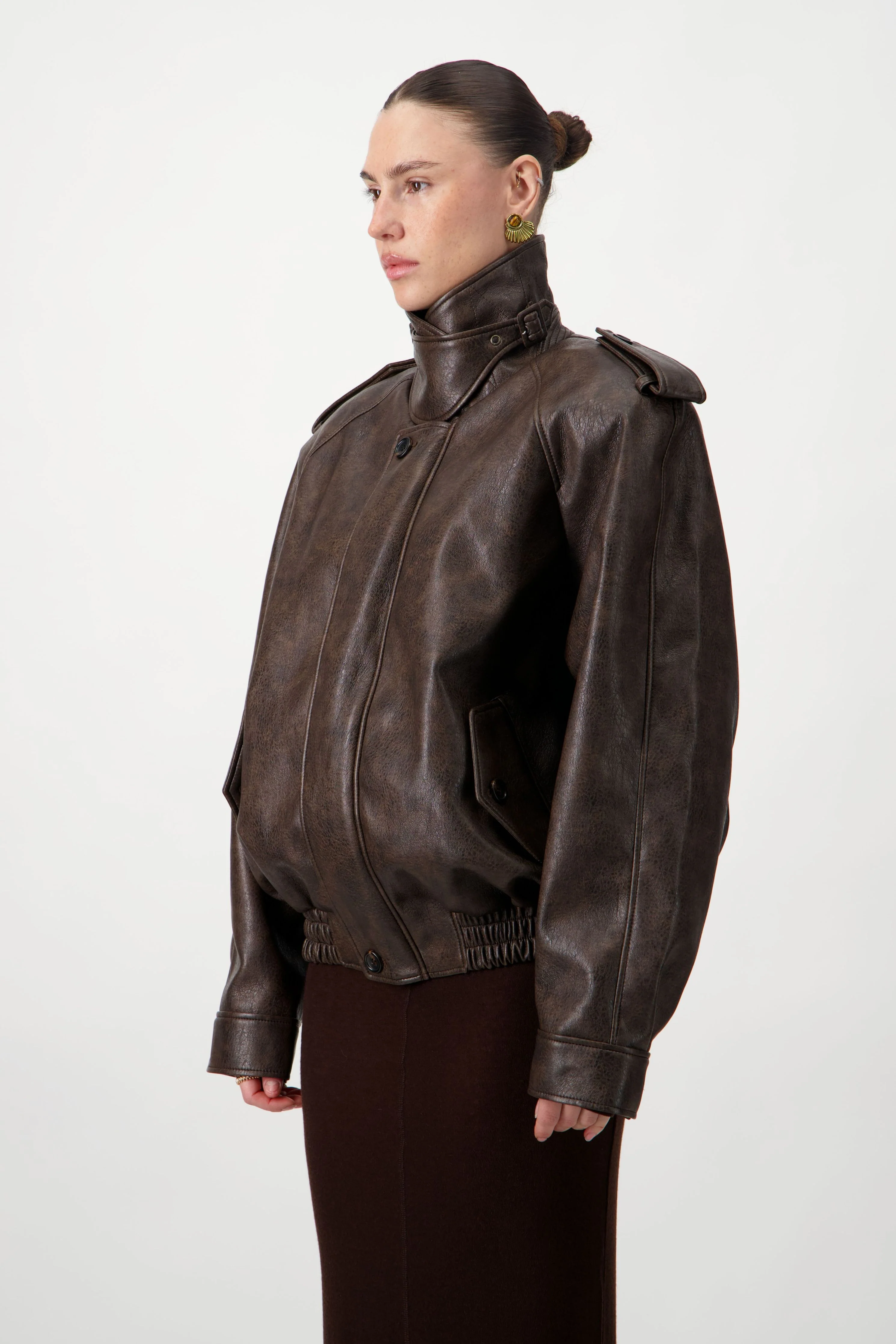 Oversized Bomber Leather Jacket - Brown - Image 4