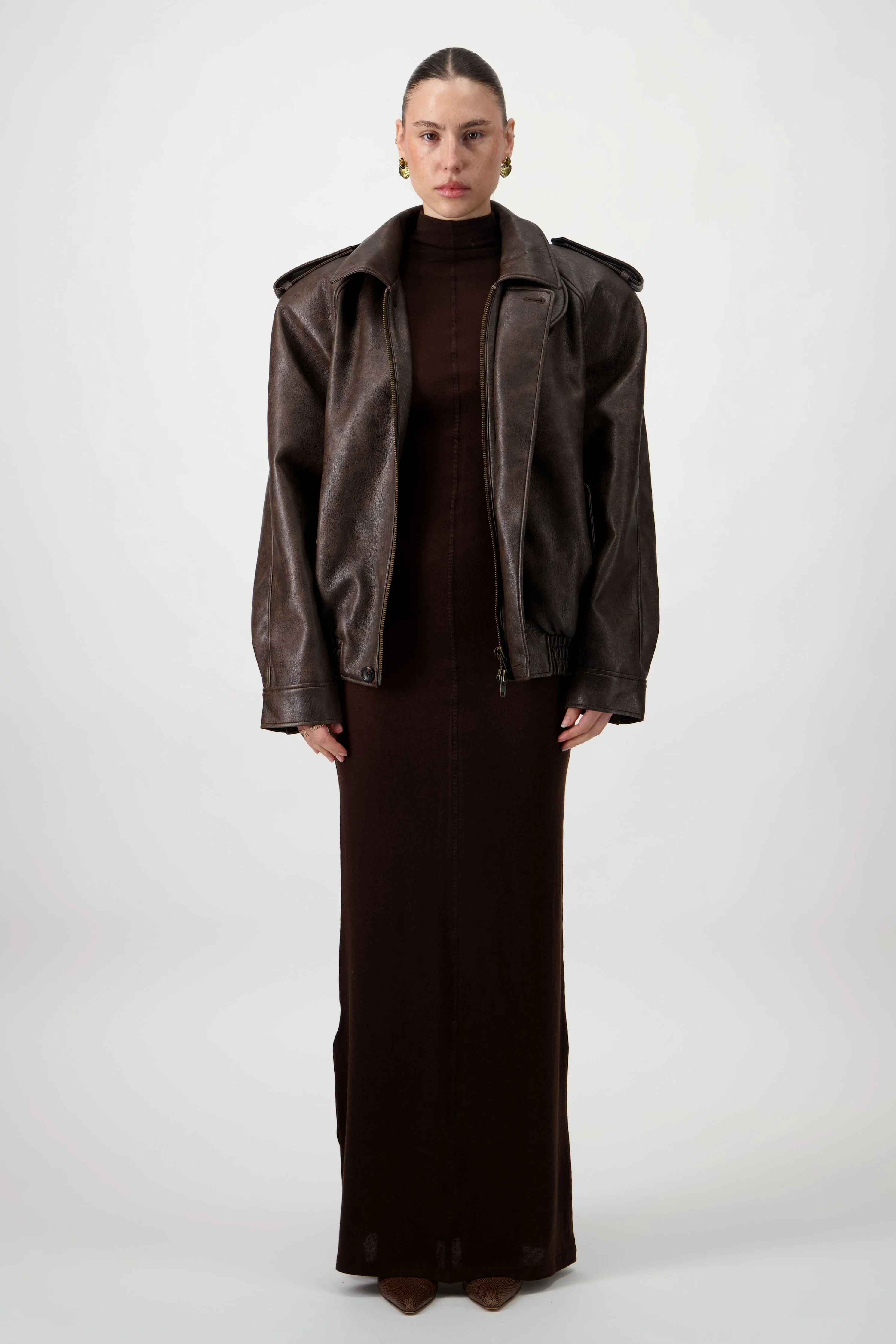 Oversized Bomber Leather Jacket - Brown - Image 5
