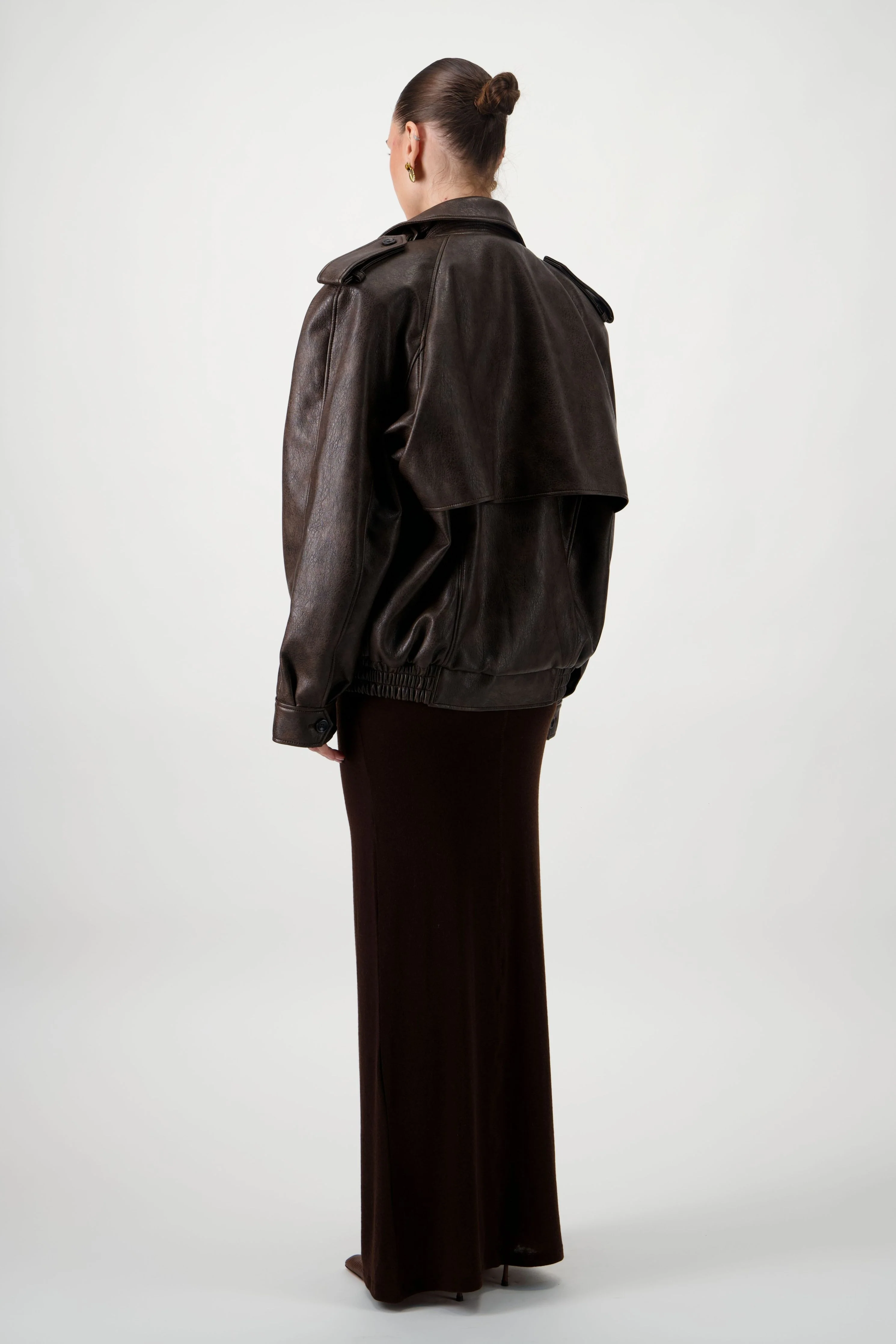 Oversized Bomber Leather Jacket - Brown - Image 6