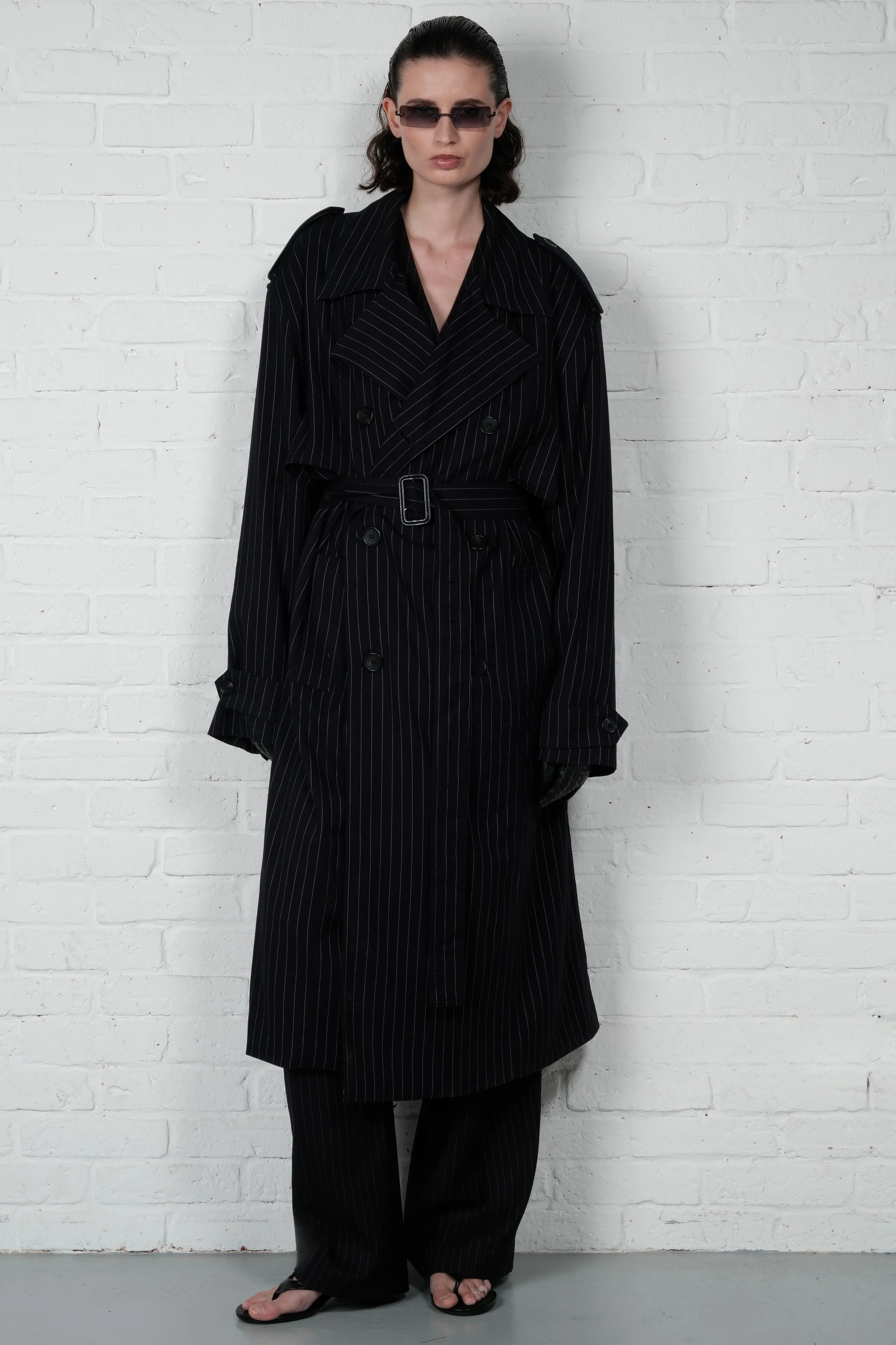Oversized Pinstripe Trench Coat - Image 3