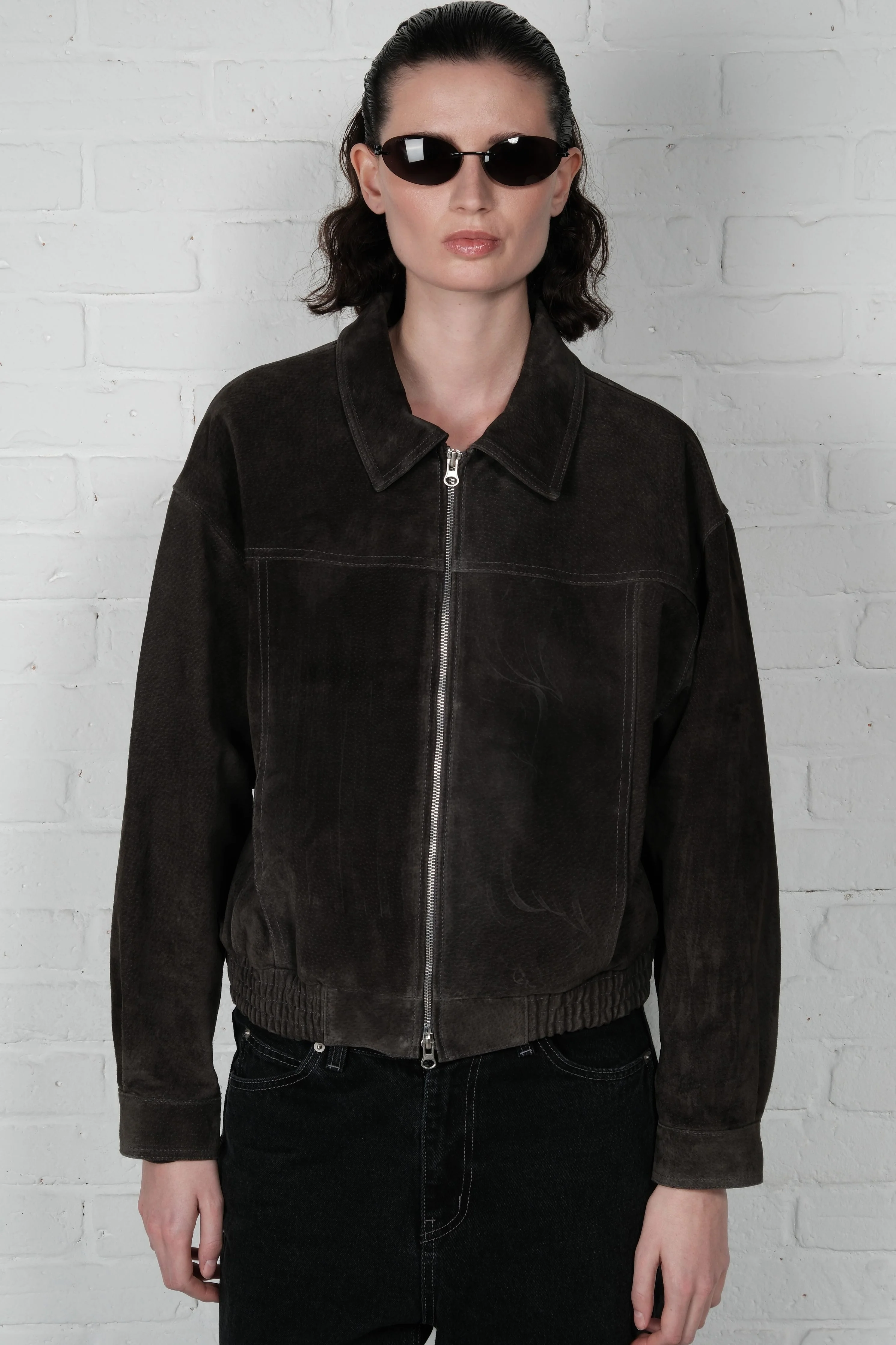 Suede Bomber Jacket - Charcoal - Image 5